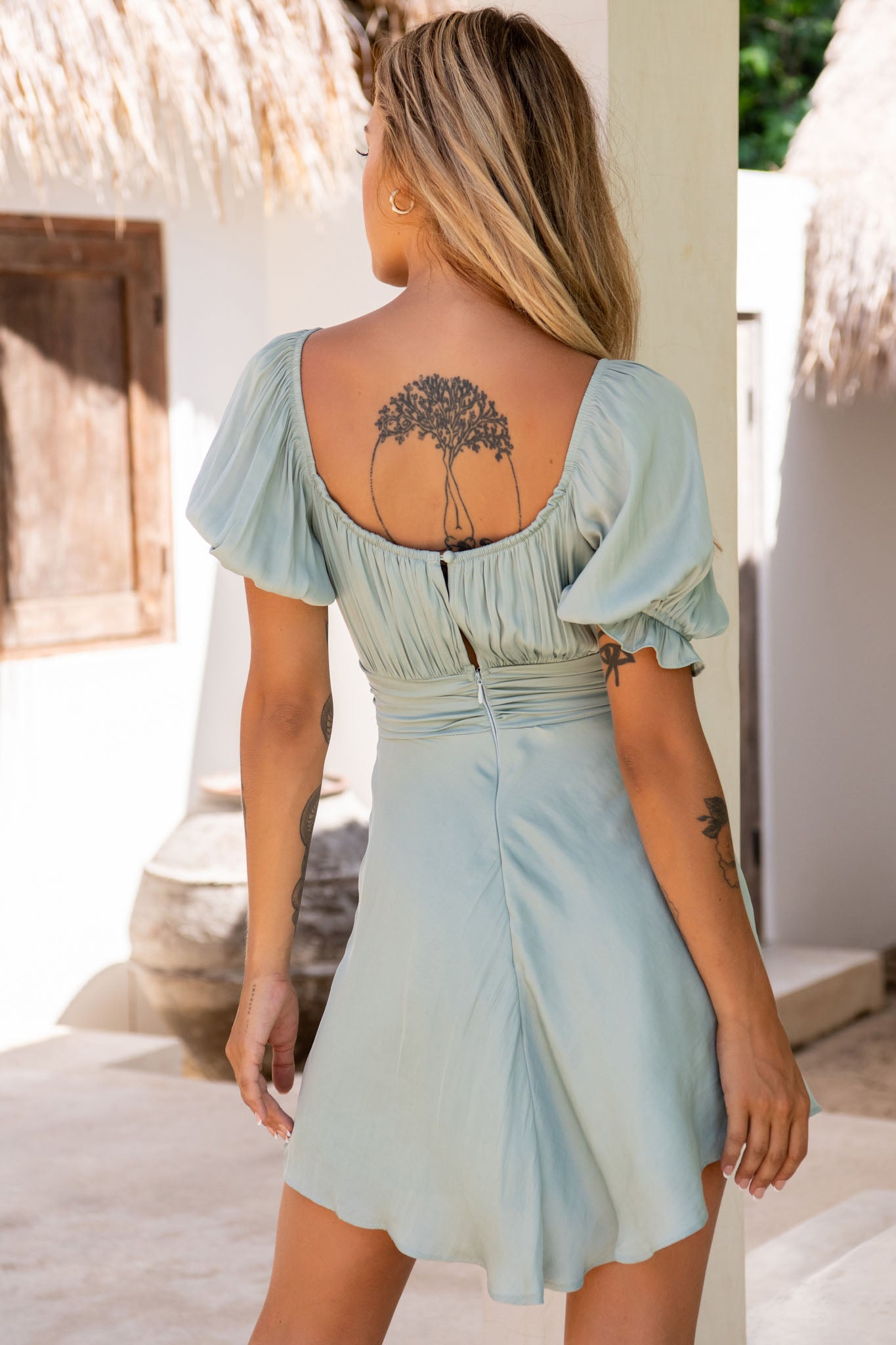 Bright Side Off-Shoulder Puff Sleeve Dress Pistachio-Maymioy