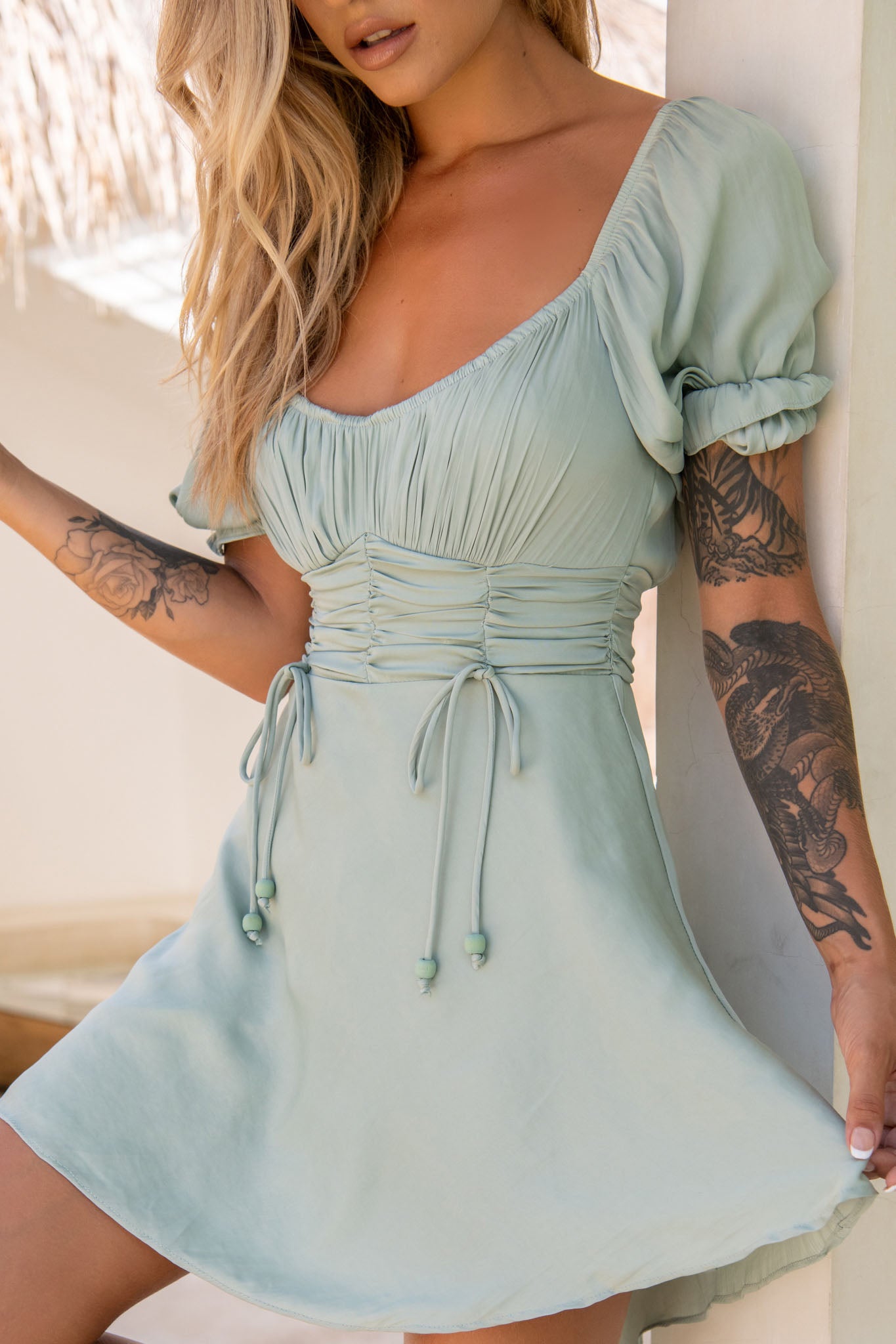 Bright Side Off-Shoulder Puff Sleeve Dress Pistachio-Maymioy