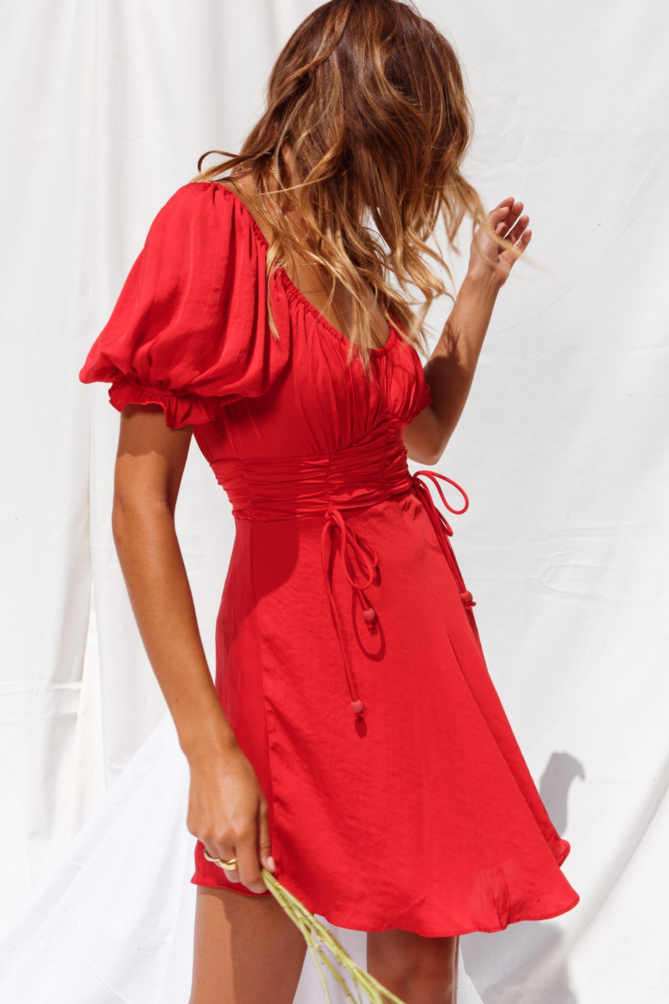Bright Side Off-Shoulder Puff Sleeve Dress Red-Maymioy