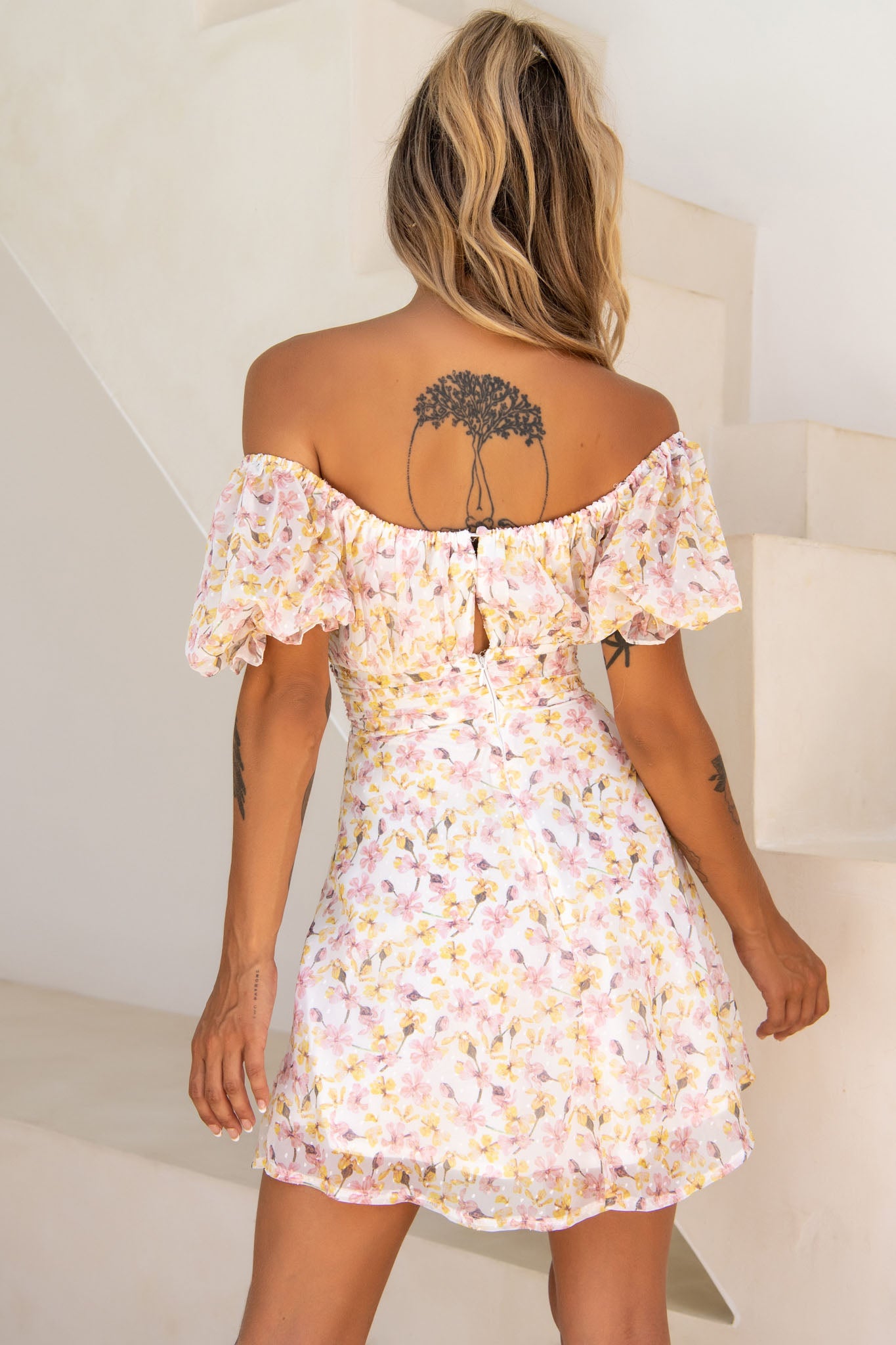 Bright Side Off-Shoulder Puff Sleeve Dress Floral Print Pink/Yellow-Maymioy