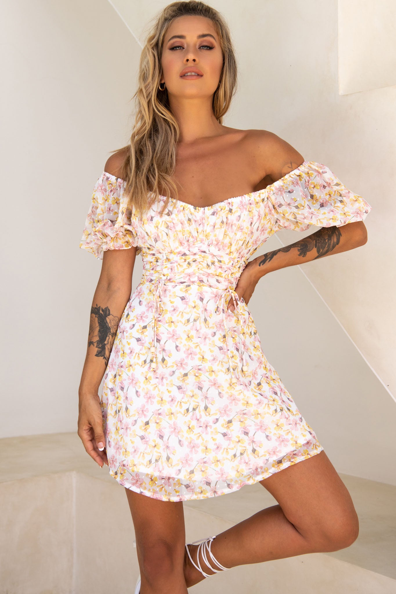 Bright Side Off-Shoulder Puff Sleeve Dress Floral Print Pink/Yellow-Maymioy