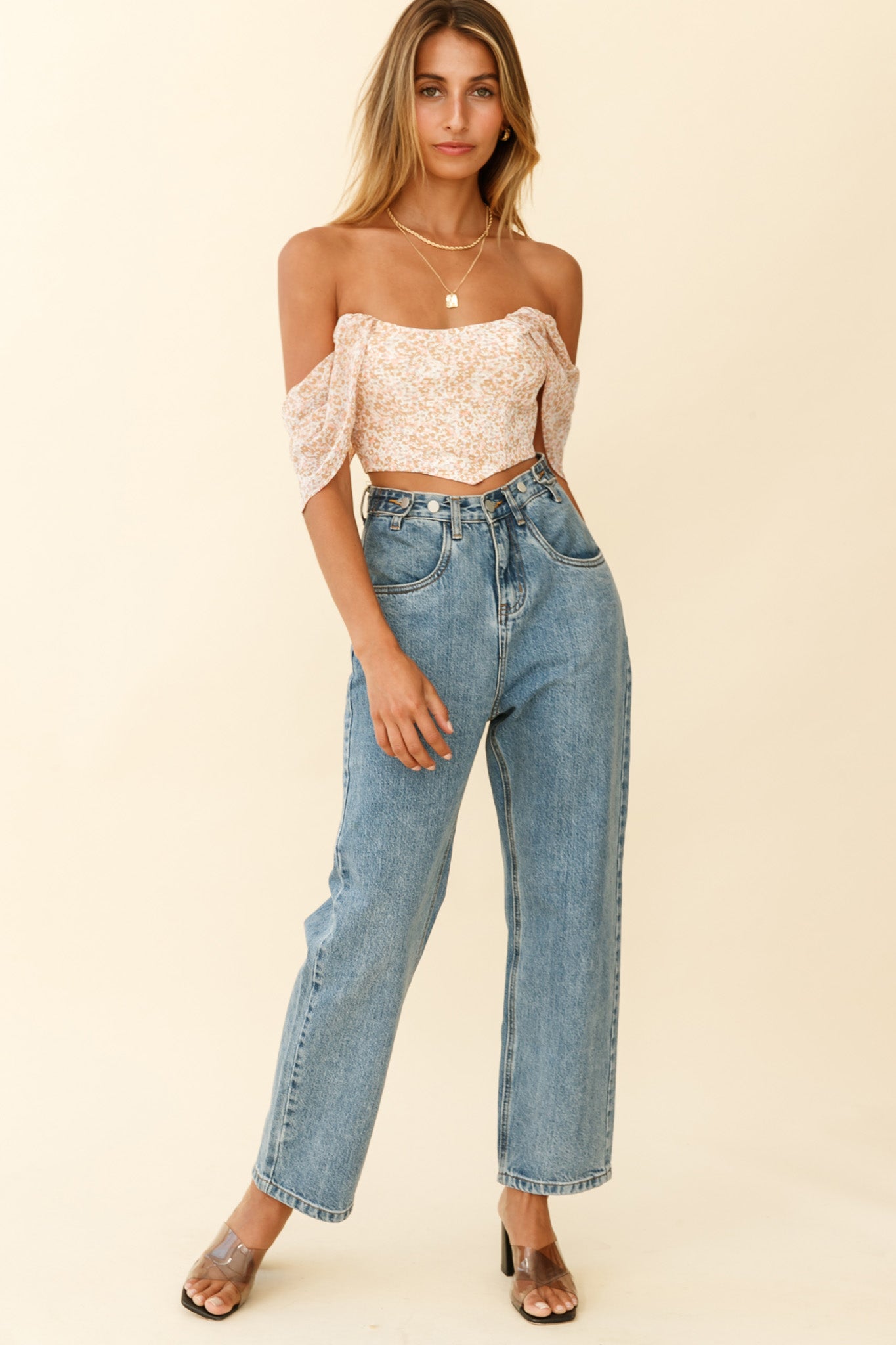Brandy Off-Shoulder Pointed Hem Crop Top Mottled Print Nude-Maymioy