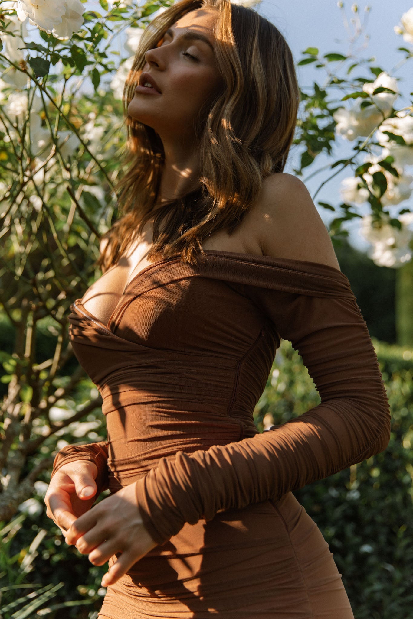 Moonrise Off-Shoulder Long Sleeve Ruched Dress Brown-Maymioy