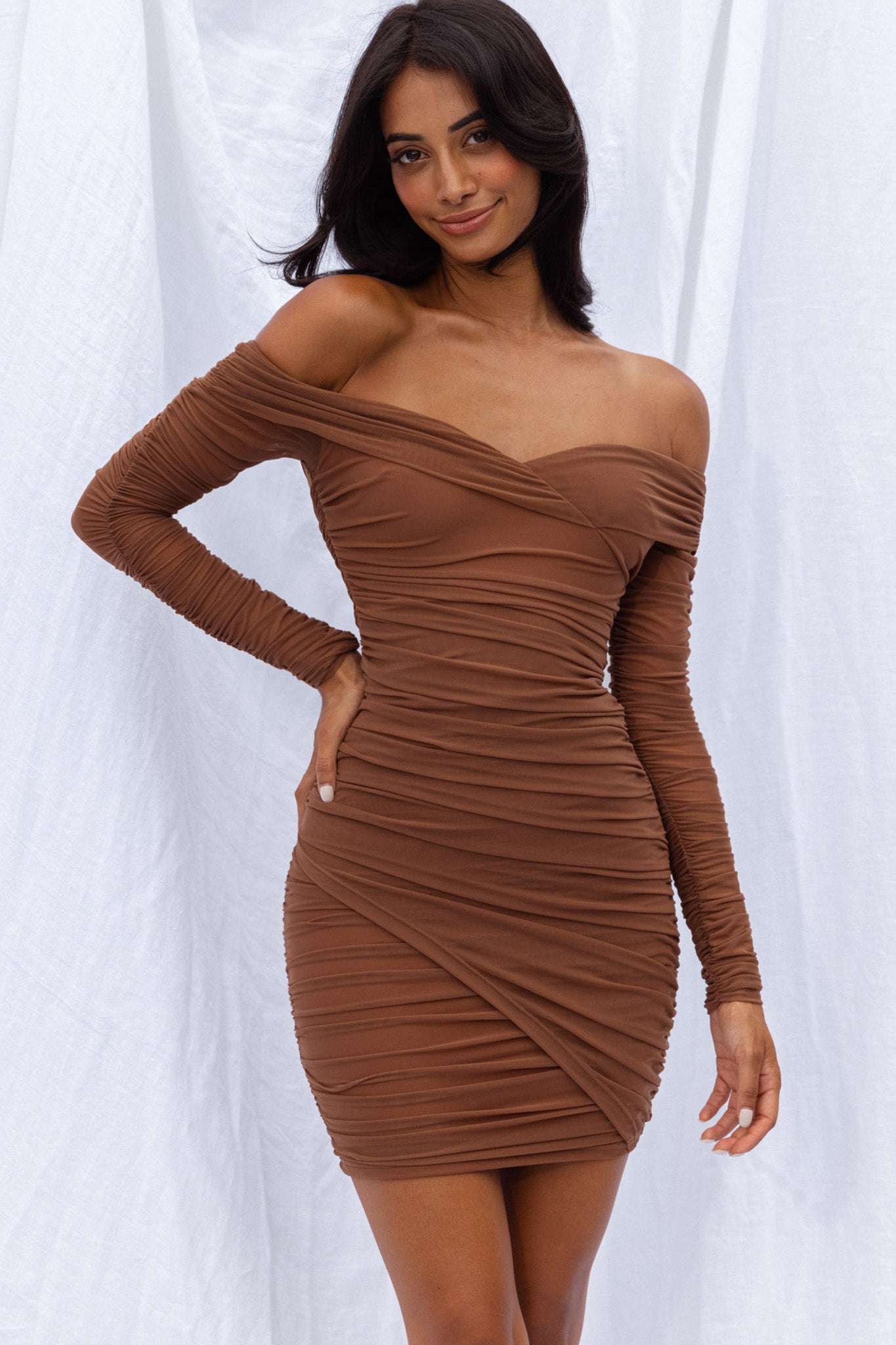 Moonrise Off-Shoulder Crossover Neckline Long Sleeve Ruched Dress Chocolate-Maymioy