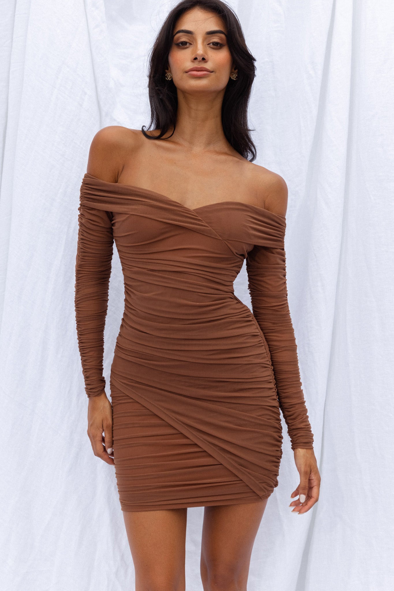 Moonrise Off-Shoulder Crossover Neckline Long Sleeve Ruched Dress Chocolate-Maymioy