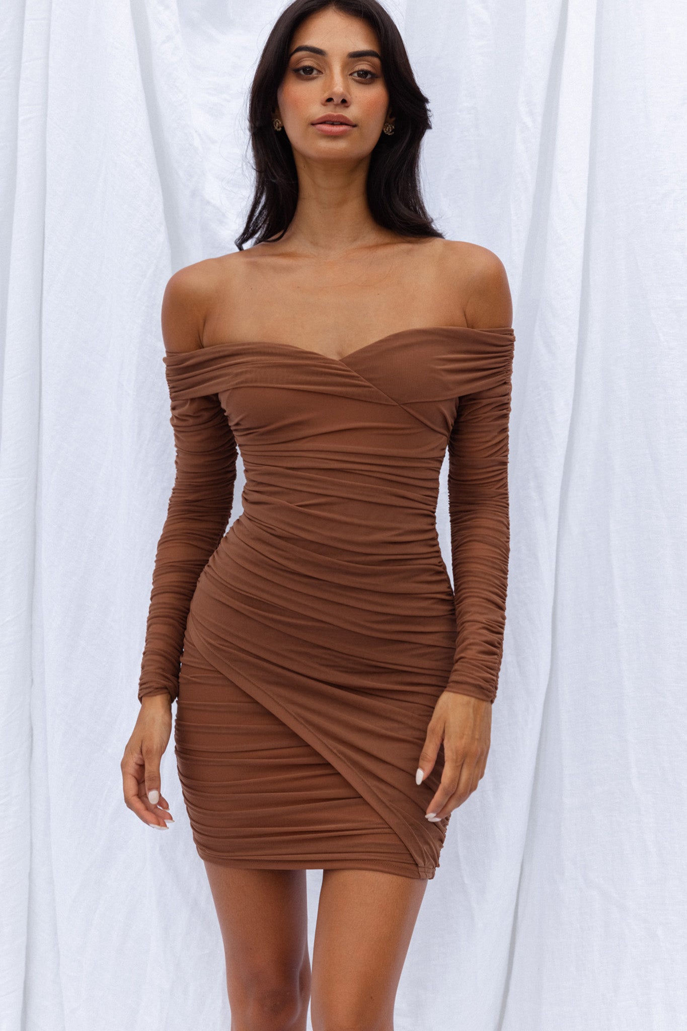 Moonrise Off-Shoulder Crossover Neckline Long Sleeve Ruched Dress Chocolate-Maymioy