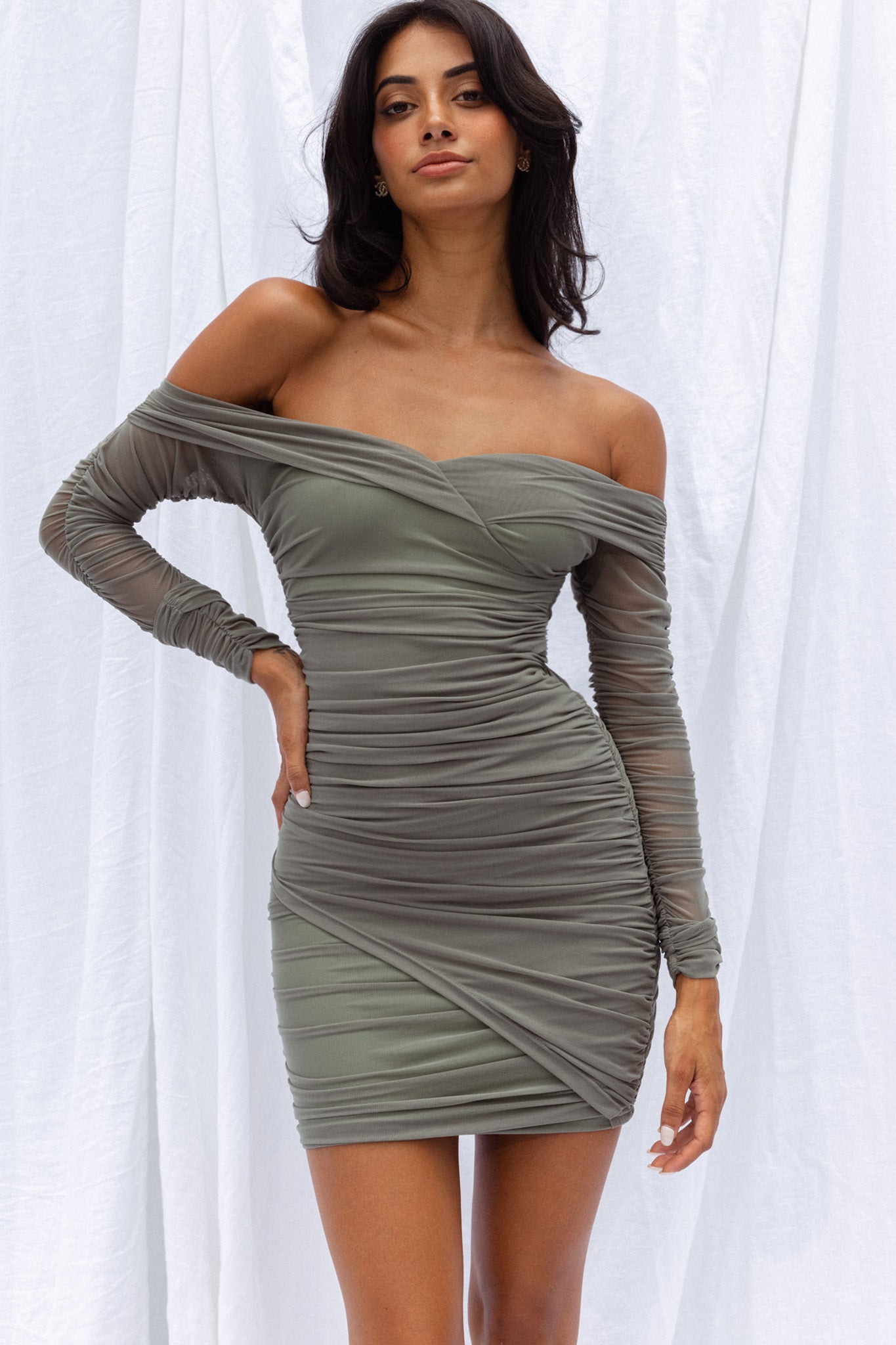 Moonrise Off-Shoulder Crossover Neckline Long Sleeve Ruched Dress Olive-Maymioy
