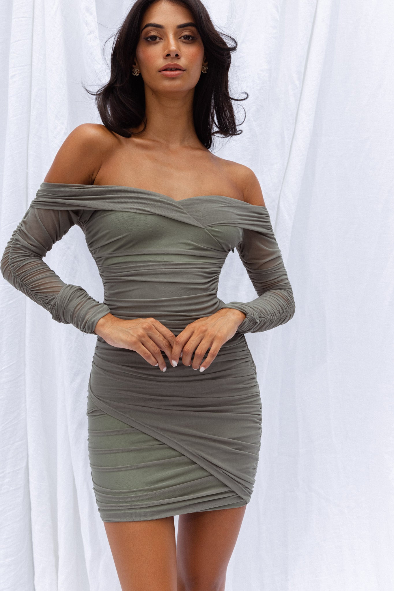 Moonrise Off-Shoulder Crossover Neckline Long Sleeve Ruched Dress Olive-Maymioy