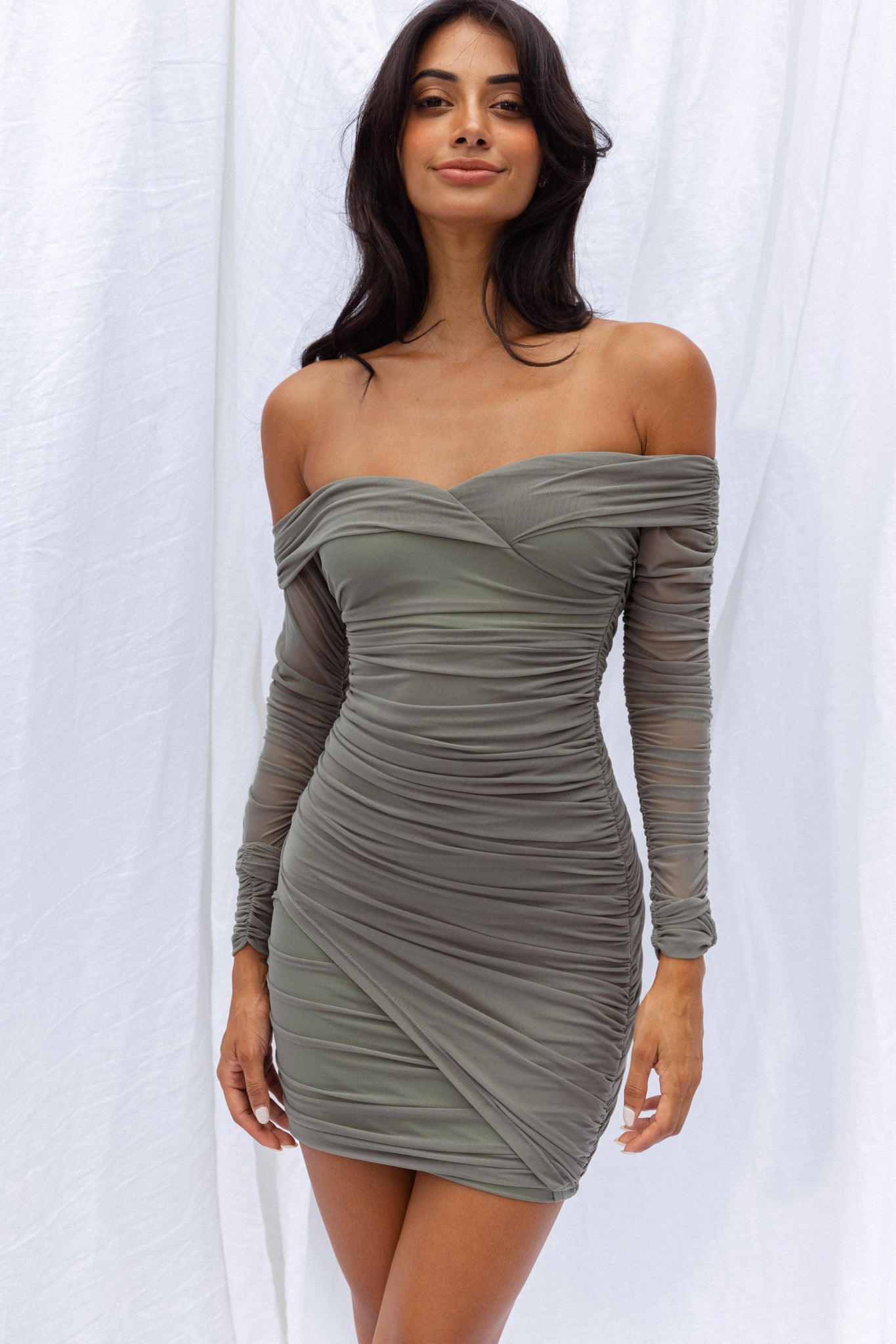 Moonrise Off-Shoulder Crossover Neckline Long Sleeve Ruched Dress Olive-Maymioy