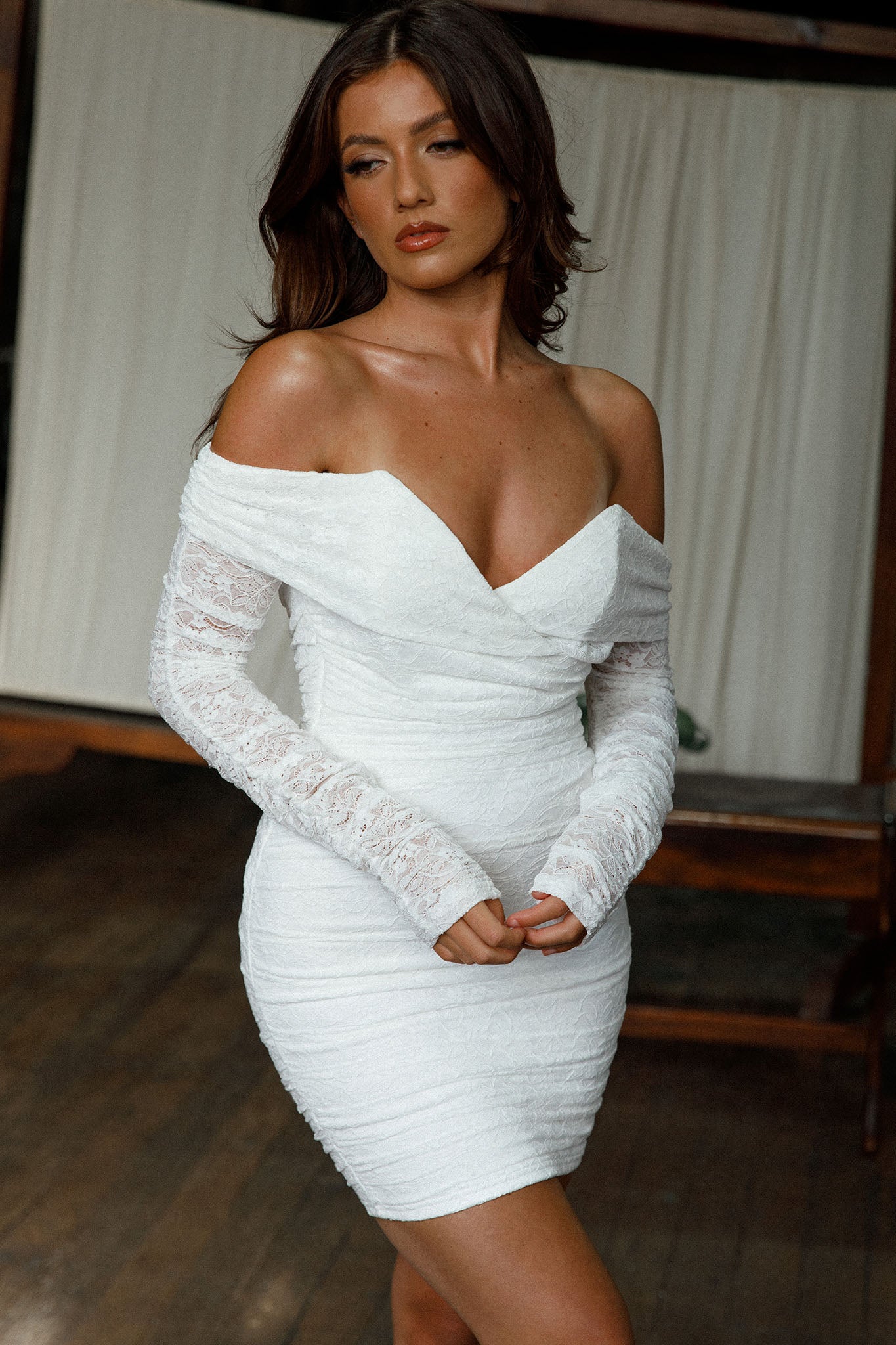 Moonrise Off-Shoulder Long Sleeve Dress Lace White-Maymioy