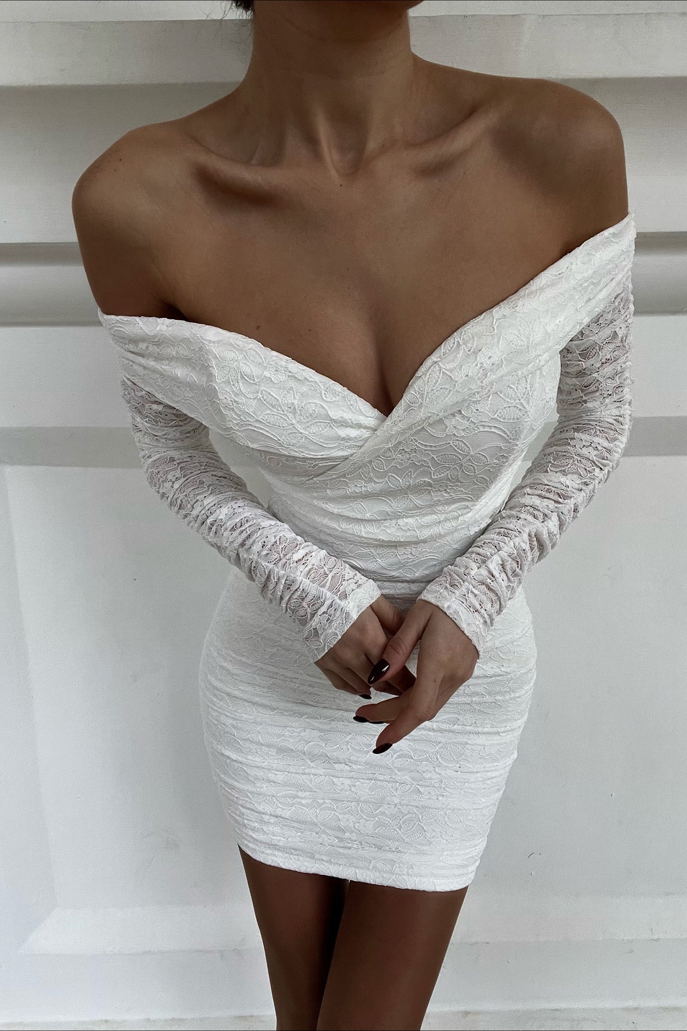 Moonrise Off-Shoulder Long Sleeve Dress Lace White-Maymioy