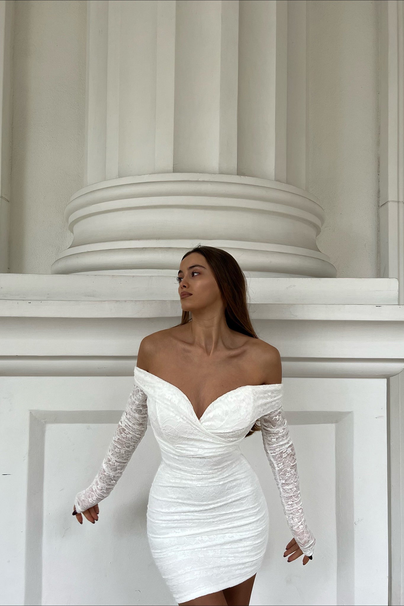Moonrise Off-Shoulder Long Sleeve Dress Lace White-Maymioy