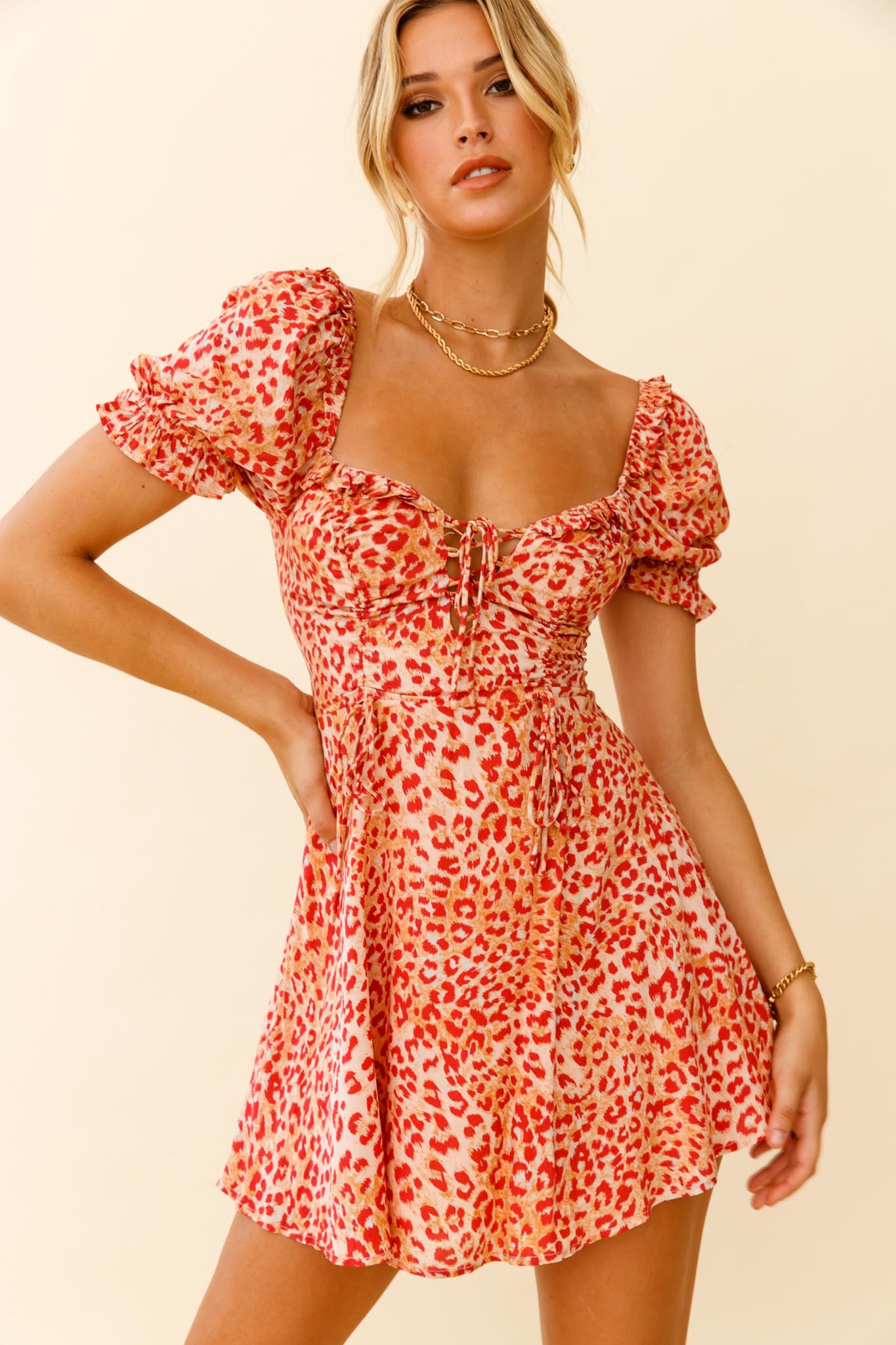La Quinta Lace-Up Bust Drawstring Detail A-Line Dress Leopard Print Orange-Maymioy