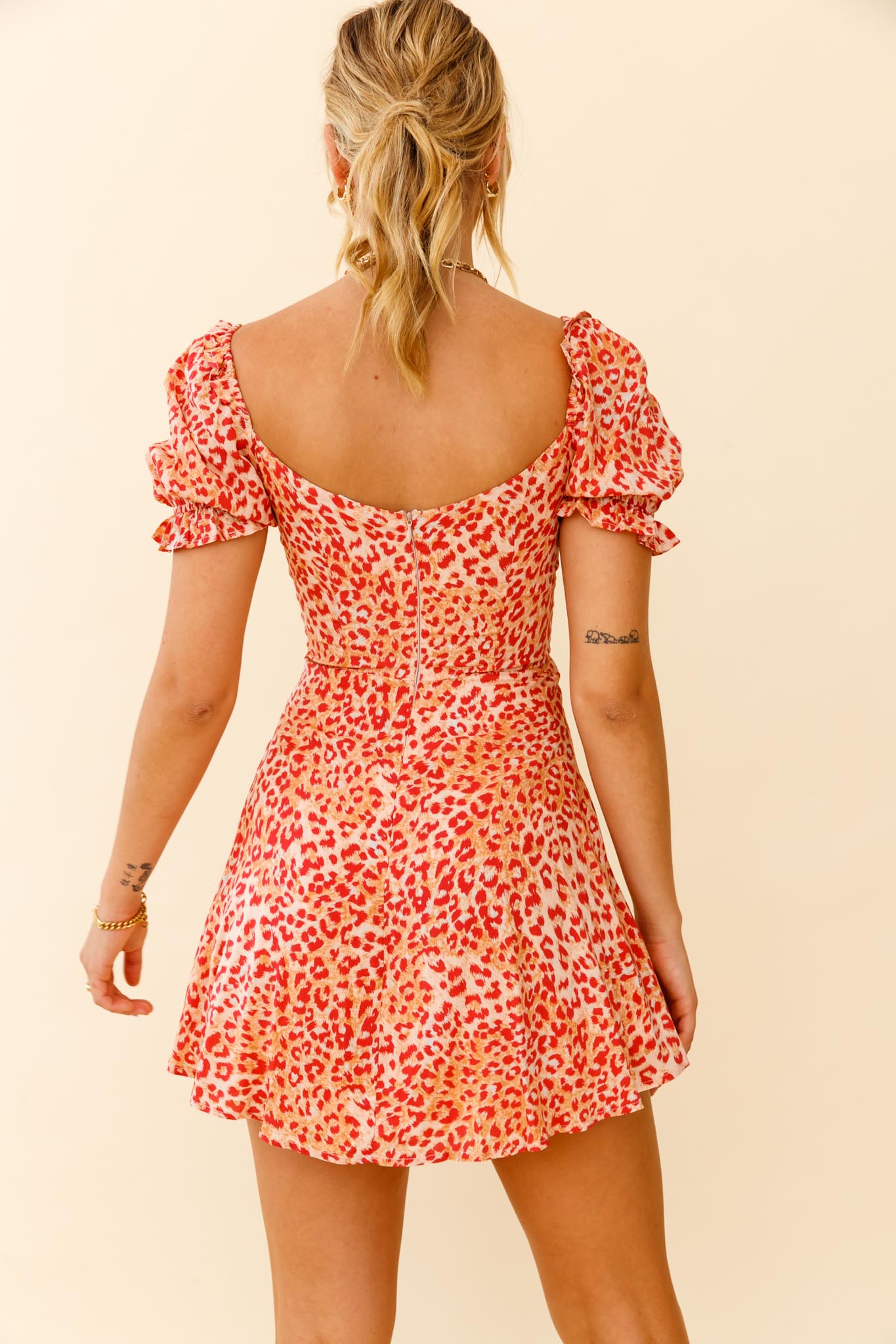 La Quinta Lace-Up Bust Drawstring Detail A-Line Dress Leopard Print Orange-Maymioy