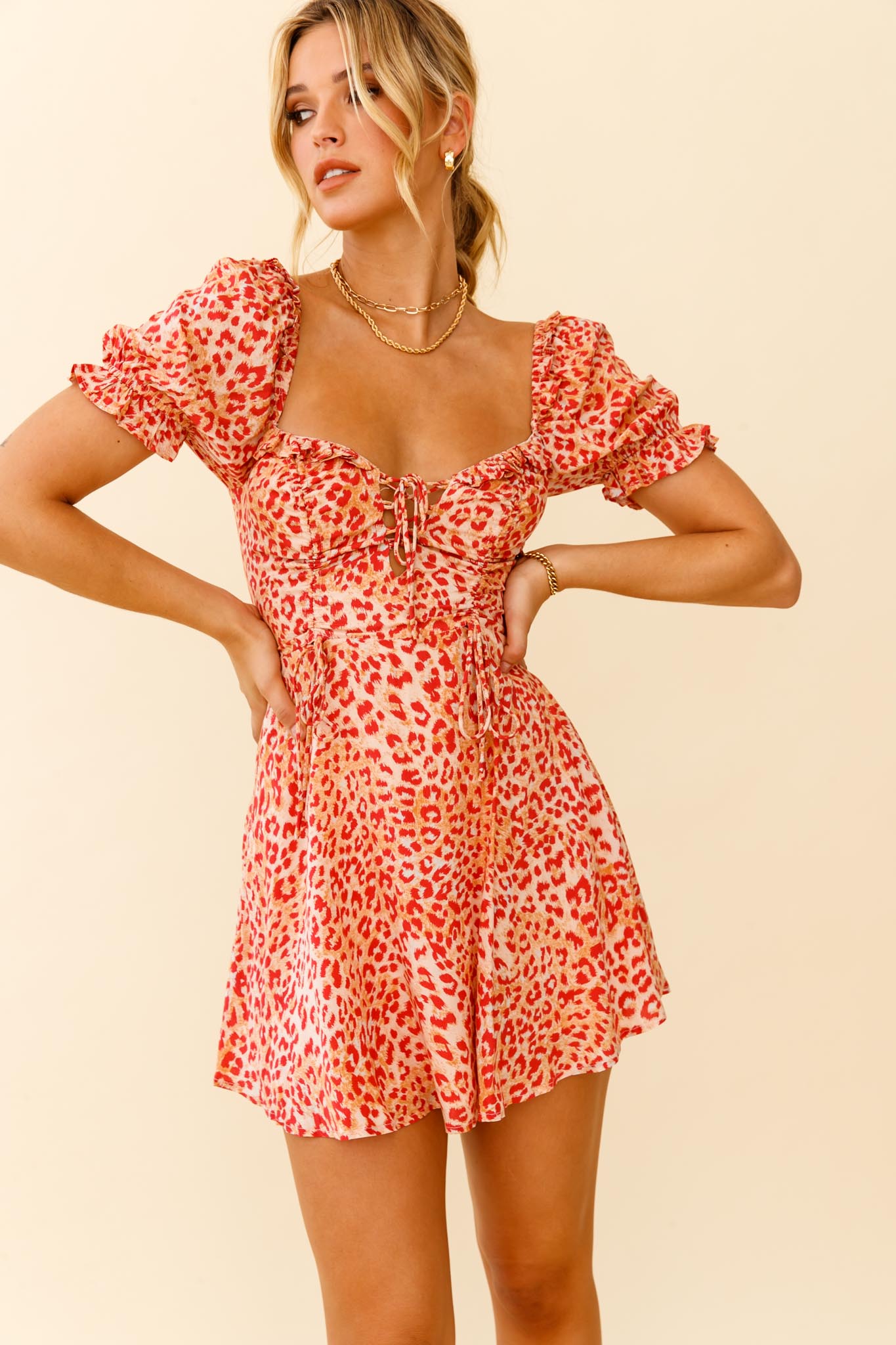 La Quinta Lace-Up Bust Drawstring Detail A-Line Dress Leopard Print Orange-Maymioy