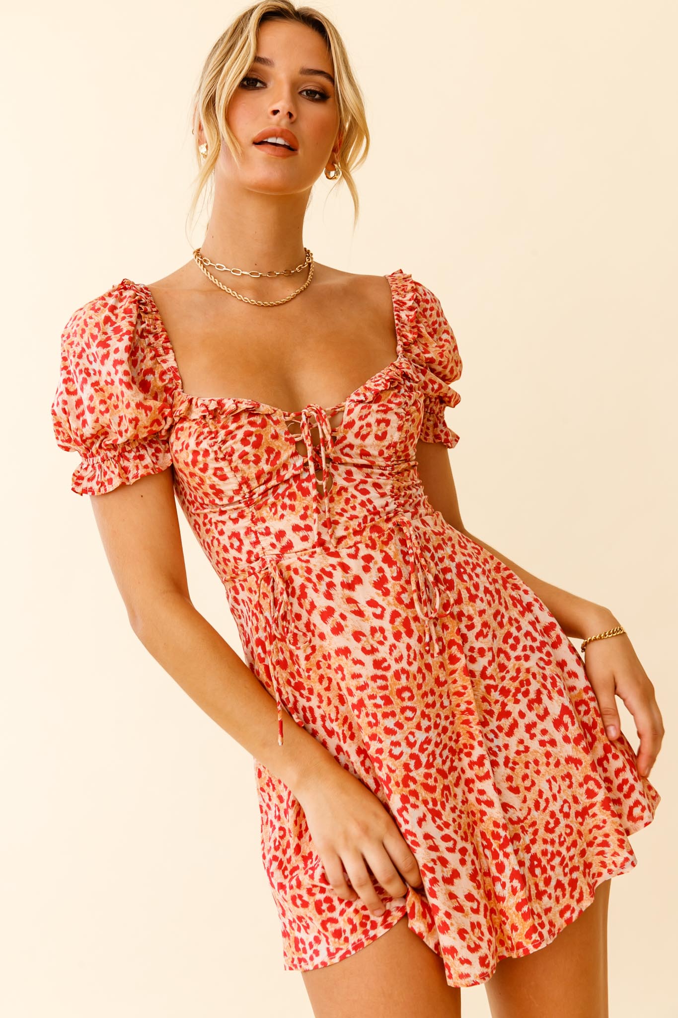 La Quinta Lace-Up Bust Drawstring Detail A-Line Dress Leopard Print Orange-Maymioy