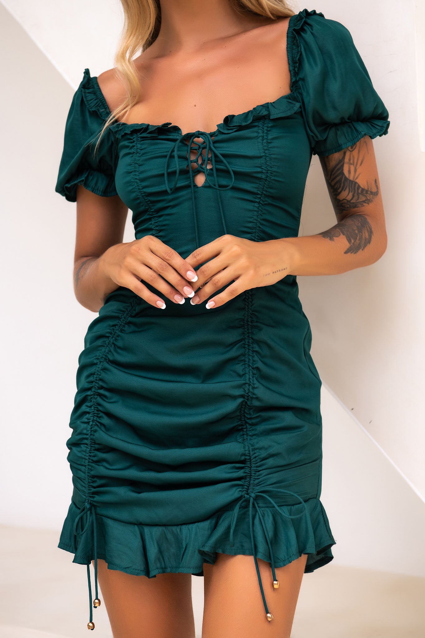 La Quinta Lace-Up Bust Drawstring Detail Dress Forest Green-Maymioy