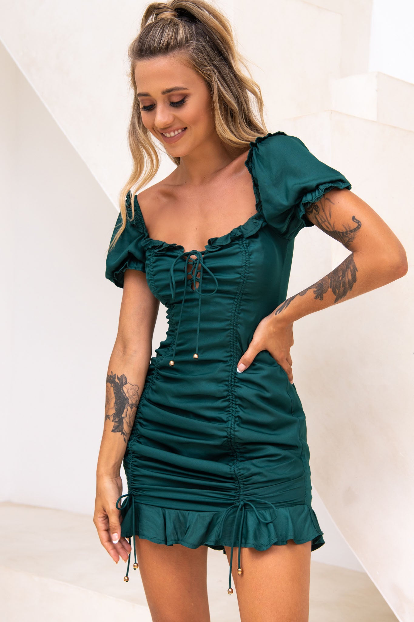 La Quinta Lace-Up Bust Drawstring Detail Dress Forest Green-Maymioy