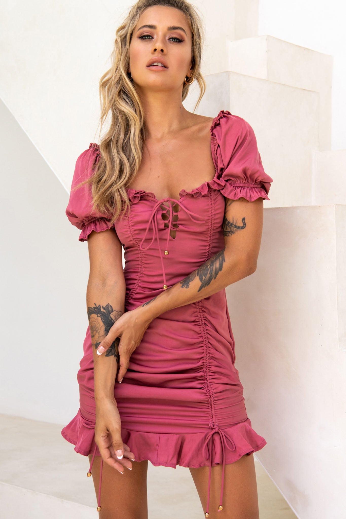 La Quinta Lace-Up Bust Drawstring Detail Dress Rose-Maymioy