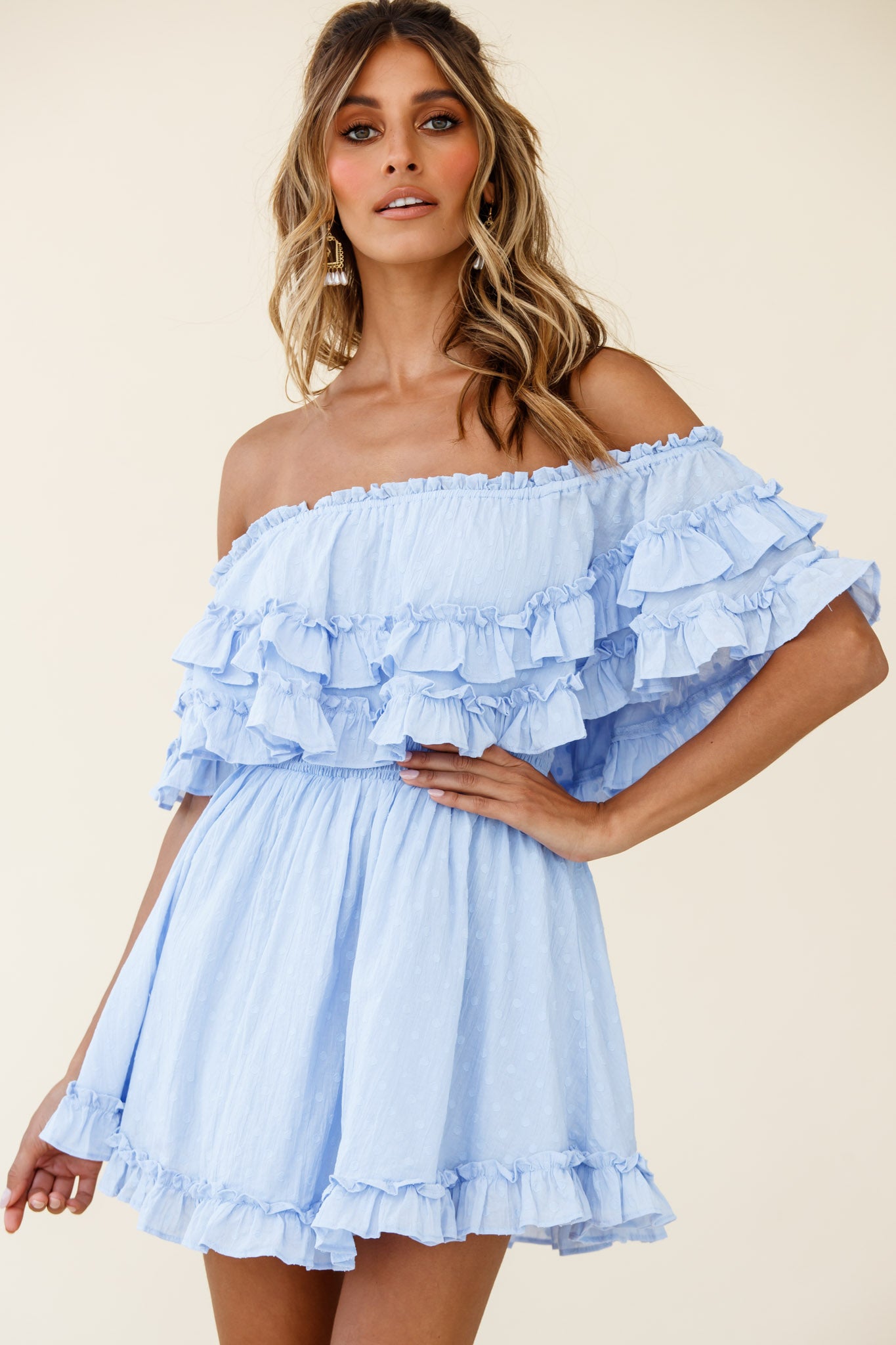 Meet Me At Sunset Bardot Neckline Frill Trim Dress Spotty Steel Blue-Maymioy
