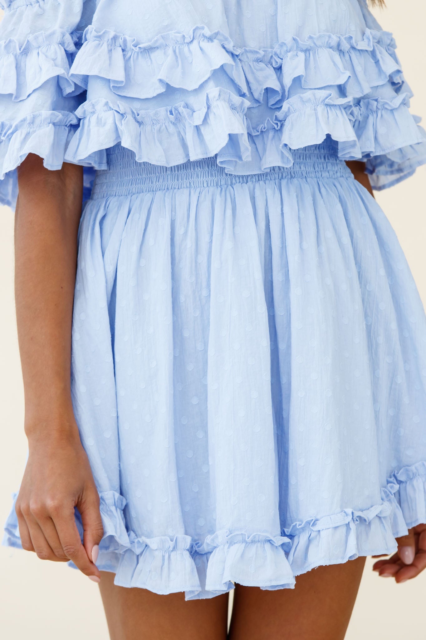 Meet Me At Sunset Bardot Neckline Frill Trim Dress Spotty Steel Blue-Maymioy