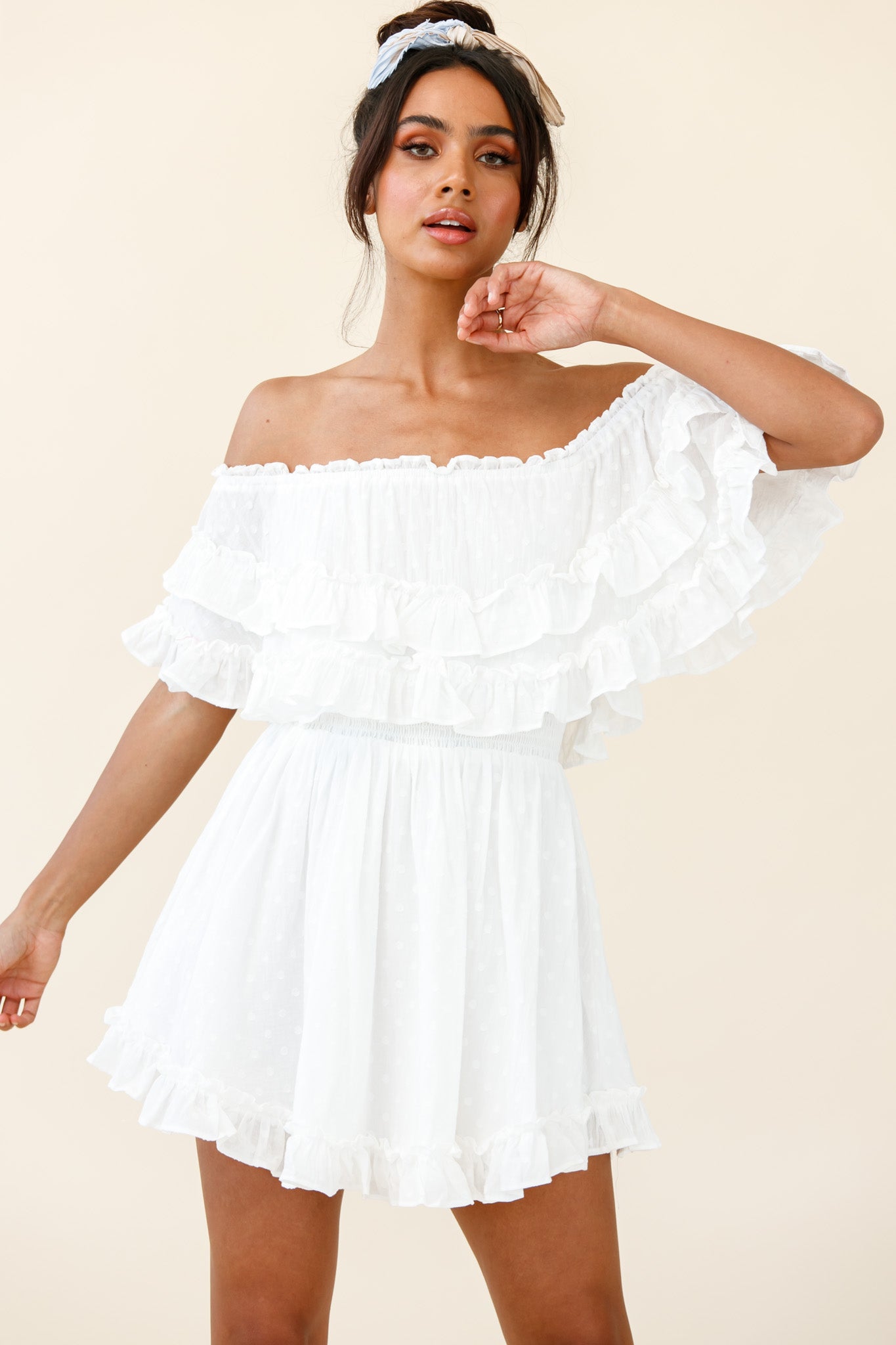 Meet Me At Sunset Bardot Neckline Frill Trim Dress Spotty White-Maymioy