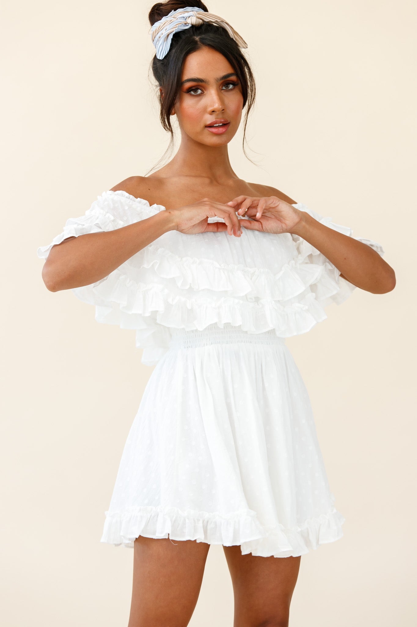 Meet Me At Sunset Bardot Neckline Frill Trim Dress Spotty White-Maymioy