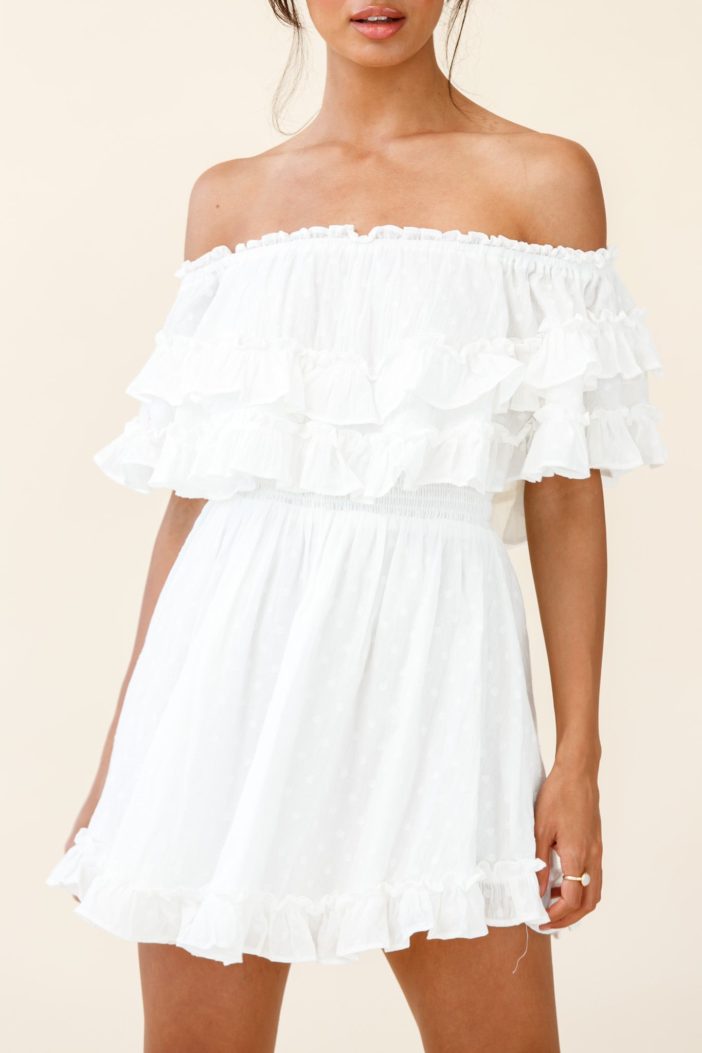 Meet Me At Sunset Bardot Neckline Frill Trim Dress Spotty White-Maymioy