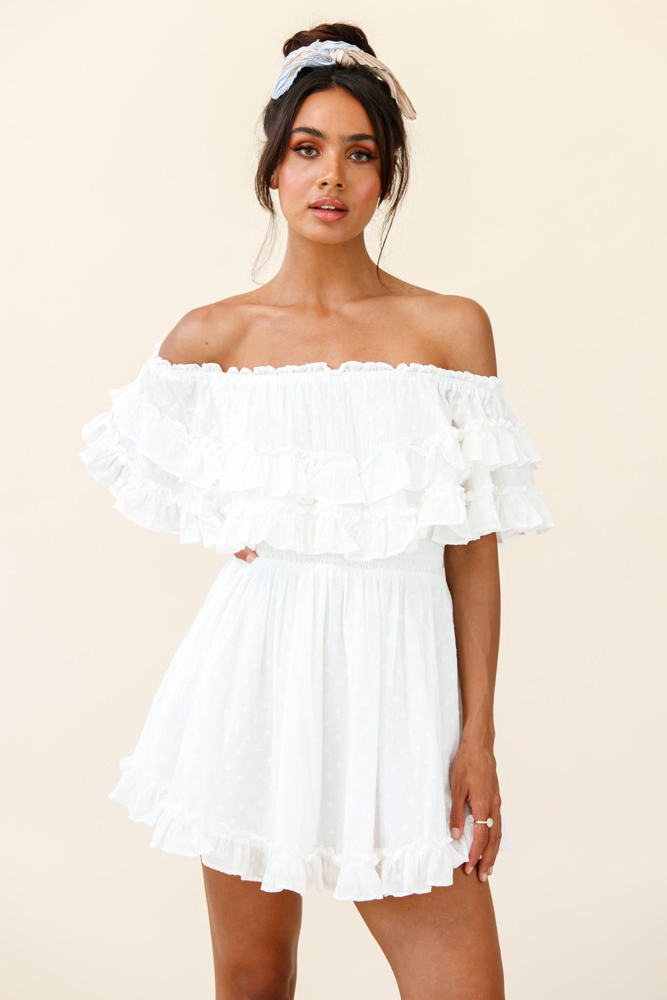 Meet Me At Sunset Bardot Neckline Frill Trim Dress Spotty White-Maymioy