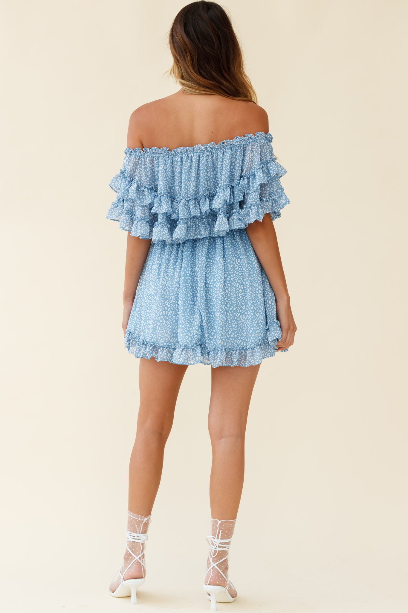 Meet Me At Sunset Bardot Neckline Frill Trim Dress Speckle Print Blue-Maymioy