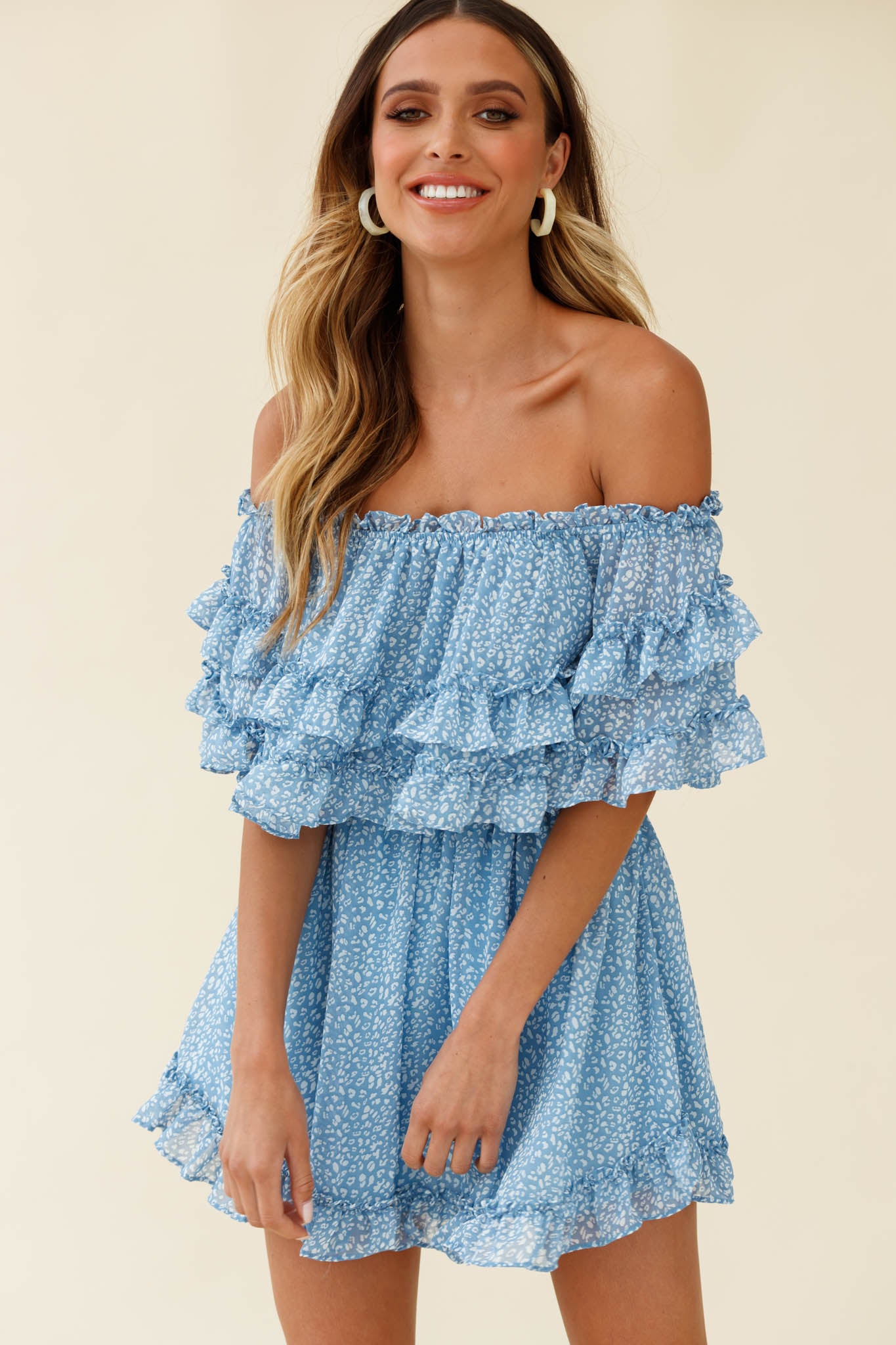 Meet Me At Sunset Bardot Neckline Frill Trim Dress Speckle Print Blue-Maymioy