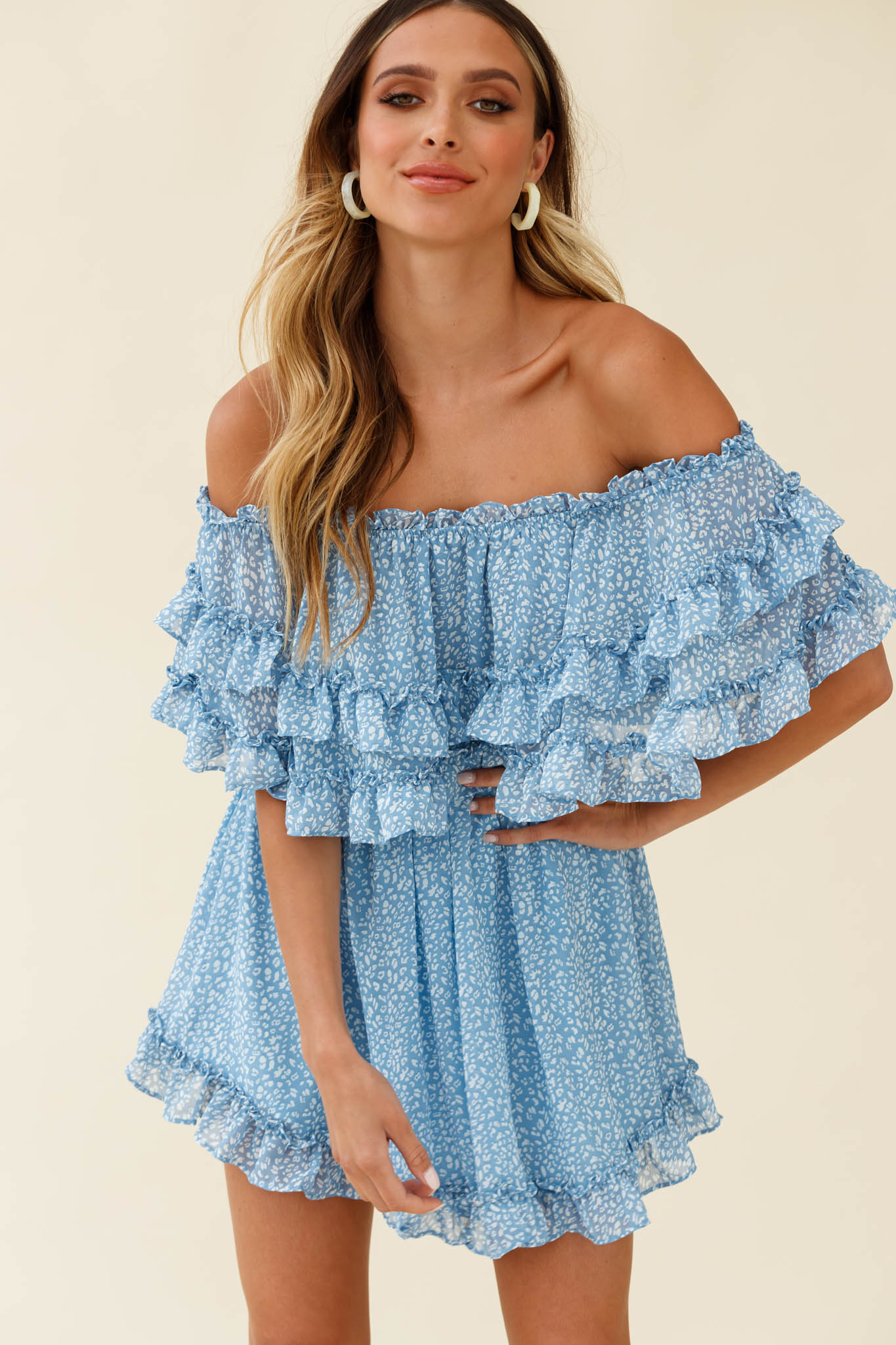 Meet Me At Sunset Bardot Neckline Frill Trim Dress Speckle Print Blue-Maymioy