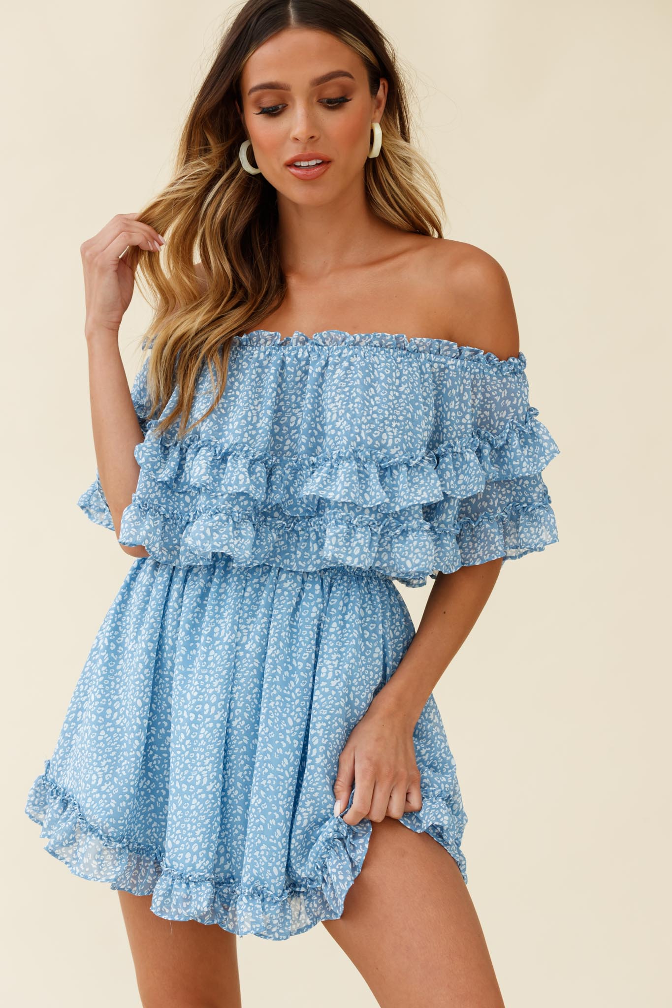 Meet Me At Sunset Bardot Neckline Frill Trim Dress Speckle Print Blue-Maymioy