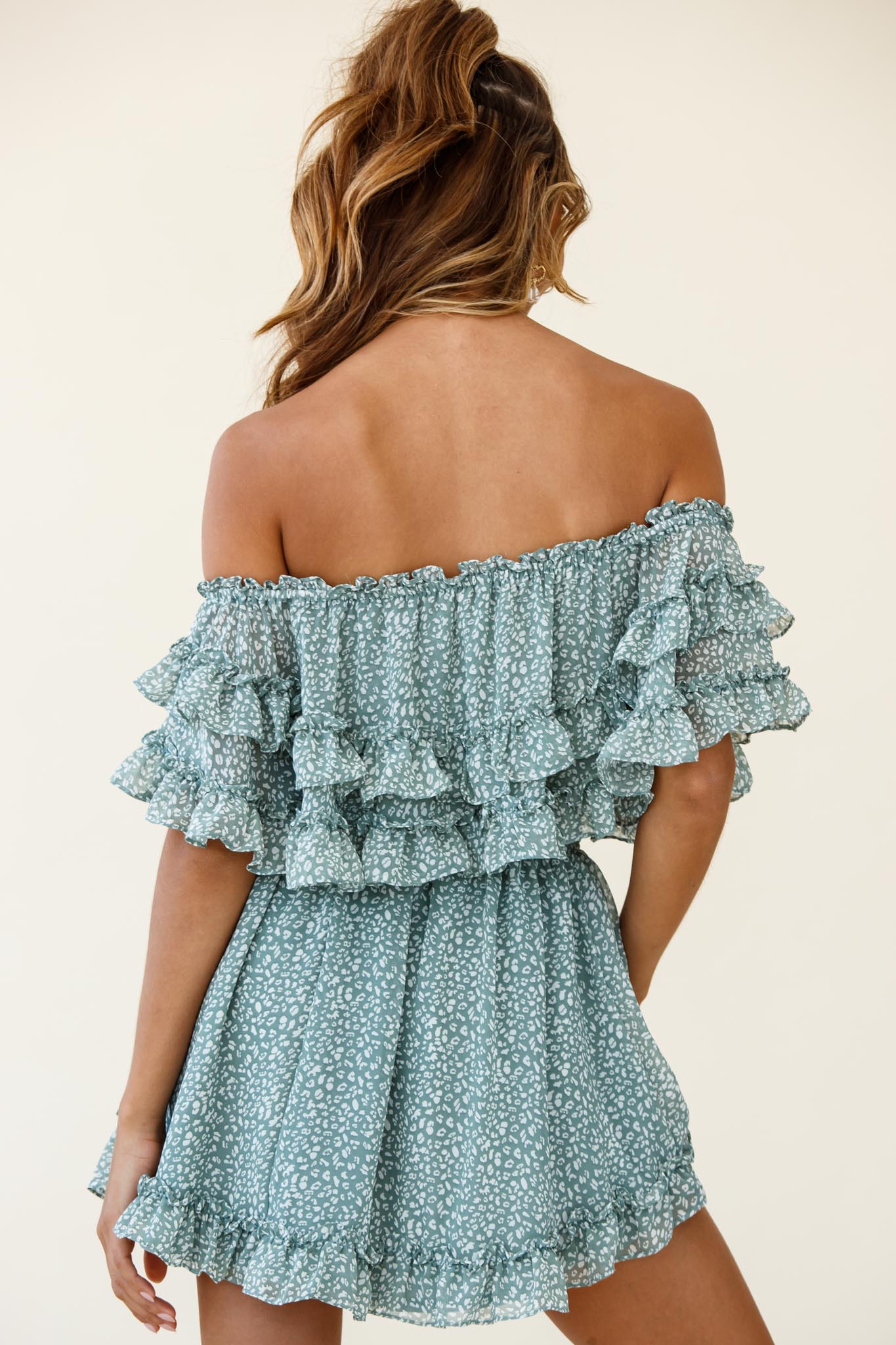 Meet Me At Sunset Bardot Neckline Frill Trim Dress Speckle Print Olive-Maymioy