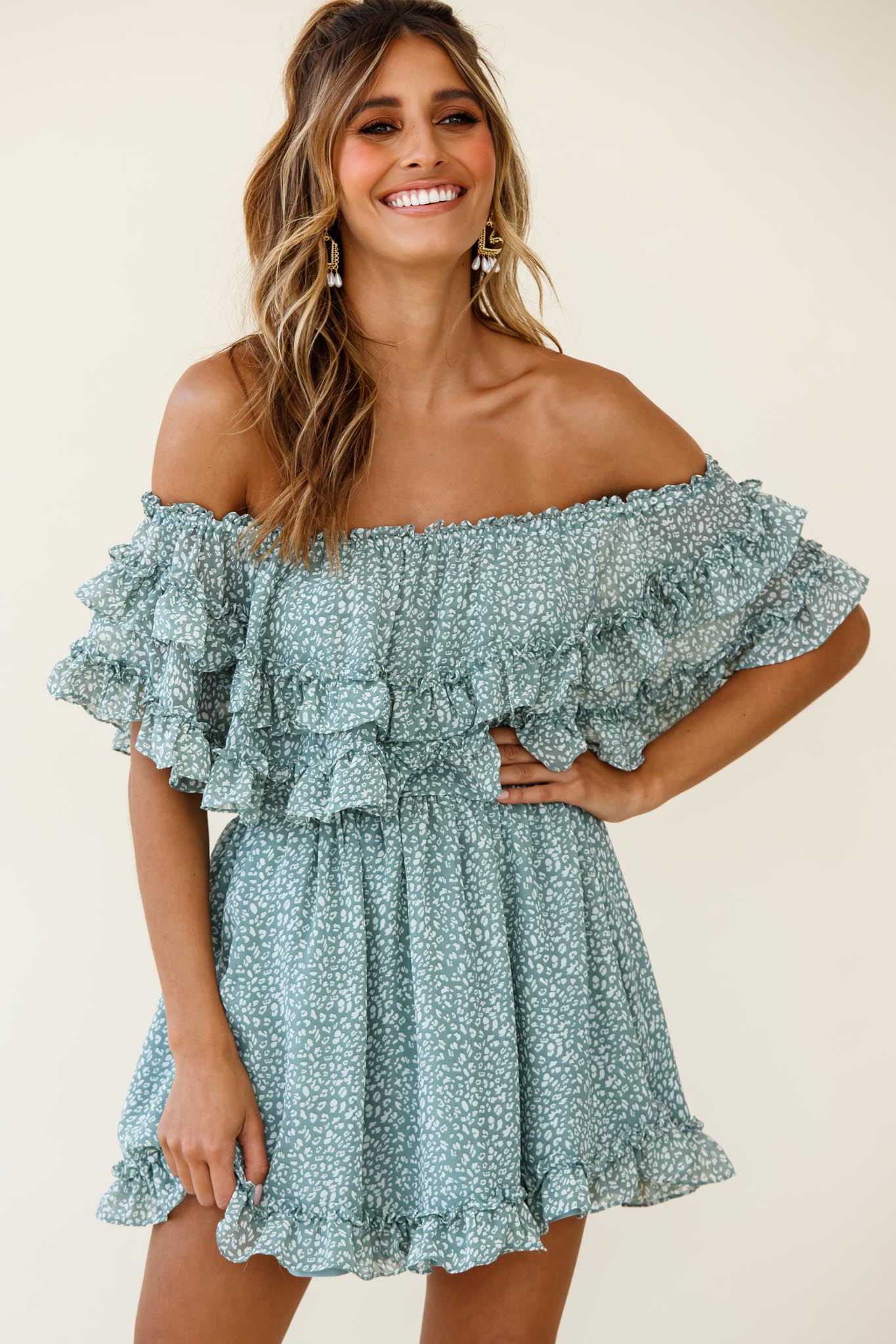Meet Me At Sunset Bardot Neckline Frill Trim Dress Speckle Print Olive-Maymioy