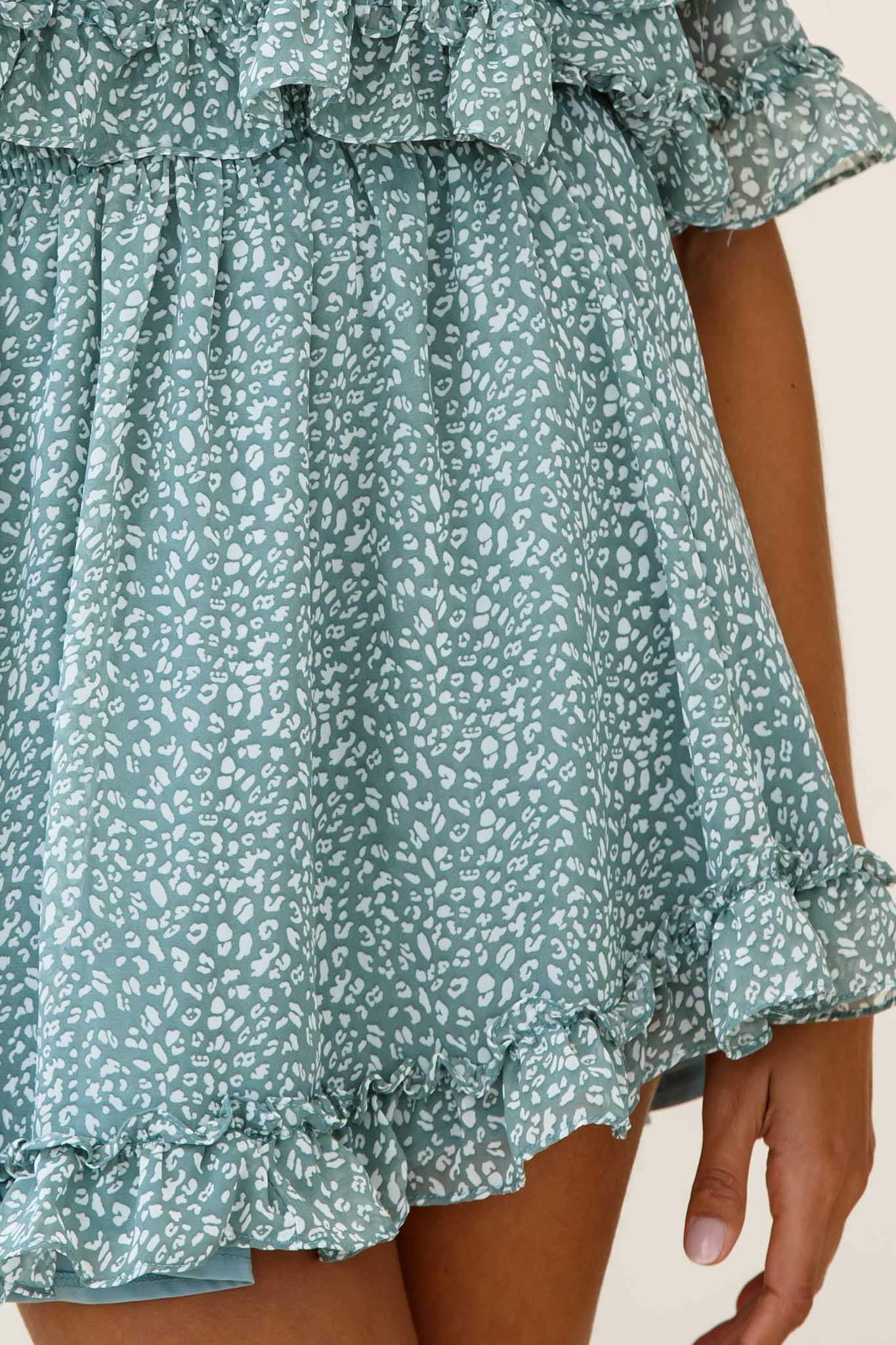 Meet Me At Sunset Bardot Neckline Frill Trim Dress Speckle Print Olive-Maymioy