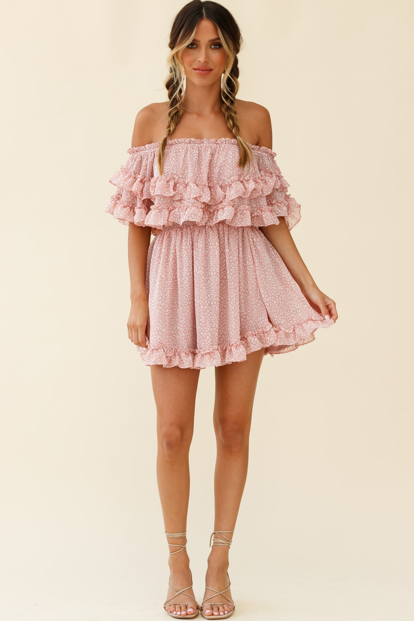 Meet Me At Sunset Bardot Neckline Frill Trim Dress Speckle Print Pink-Maymioy