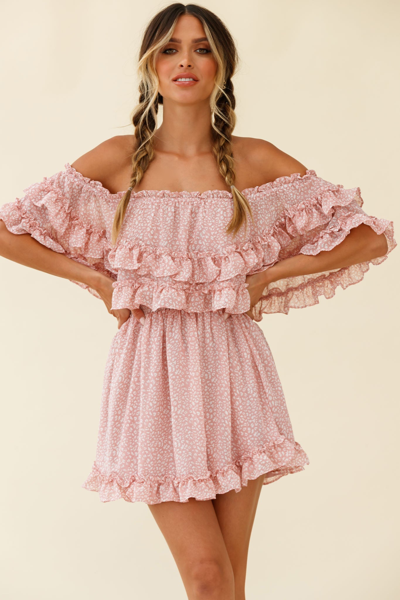 Meet Me At Sunset Bardot Neckline Frill Trim Dress Speckle Print Pink-Maymioy
