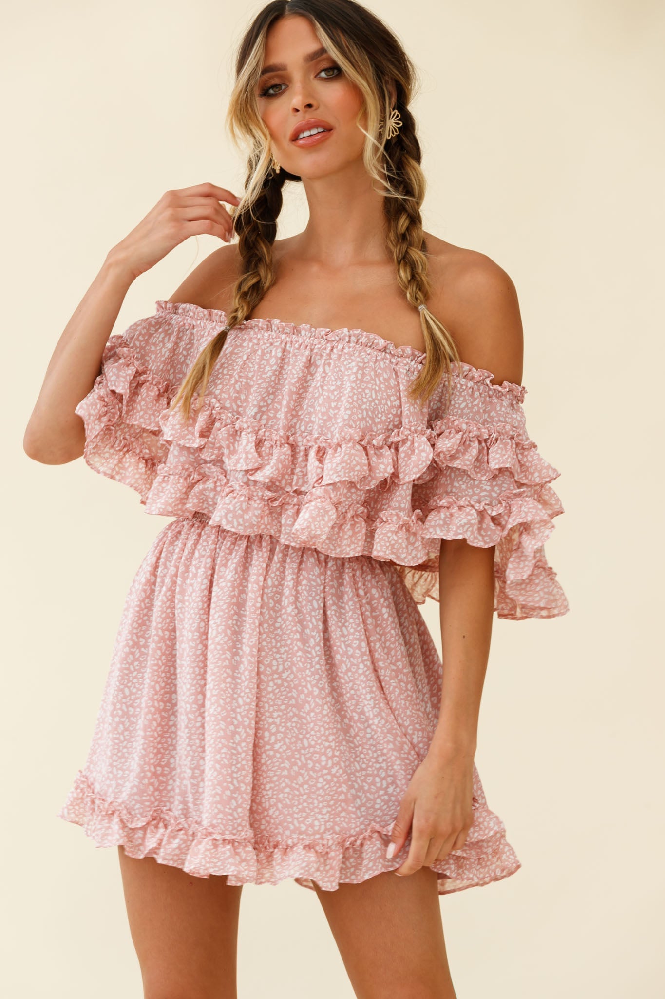 Meet Me At Sunset Bardot Neckline Frill Trim Dress Speckle Print Pink-Maymioy