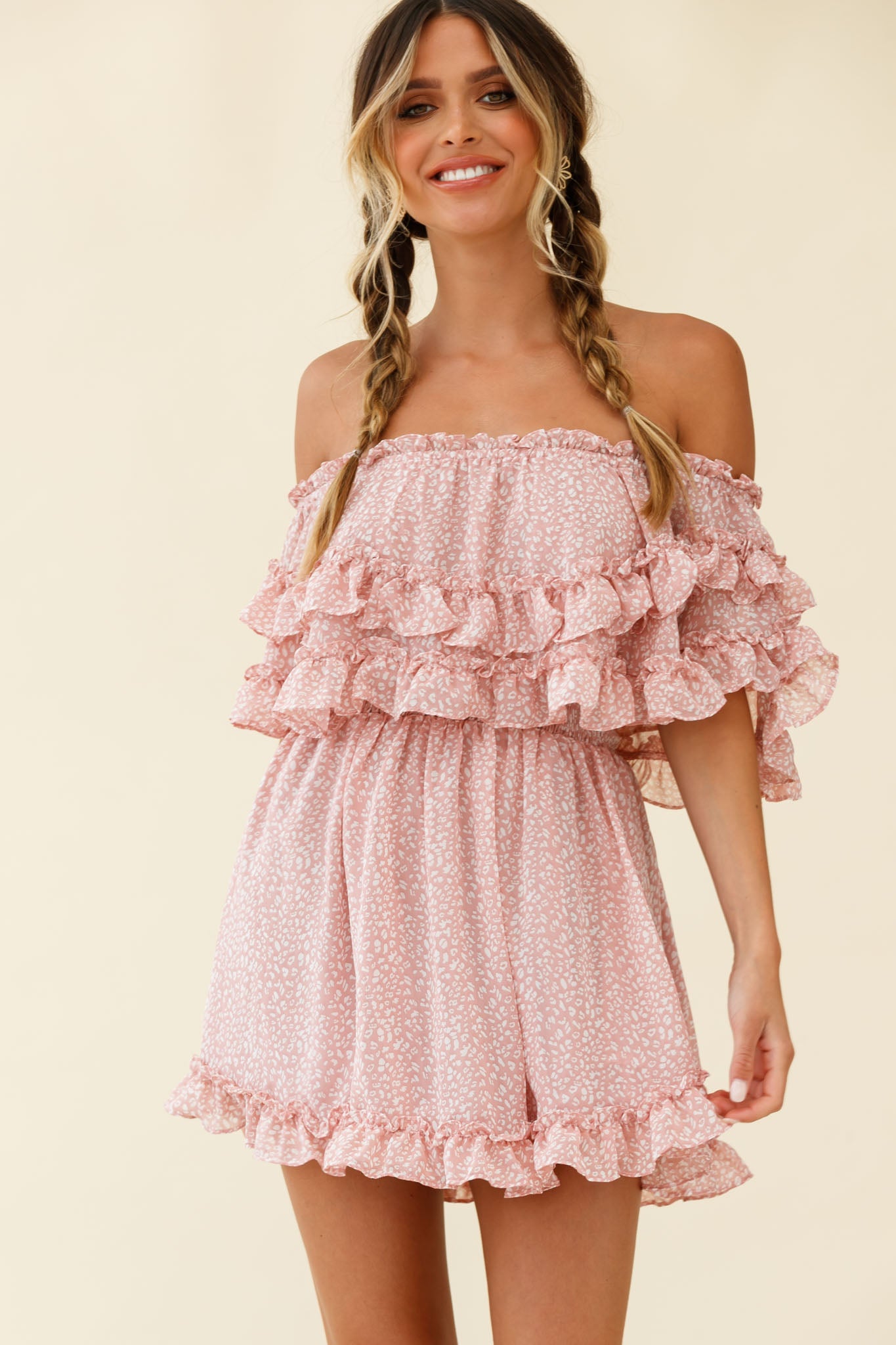 Meet Me At Sunset Bardot Neckline Frill Trim Dress Speckle Print Pink-Maymioy