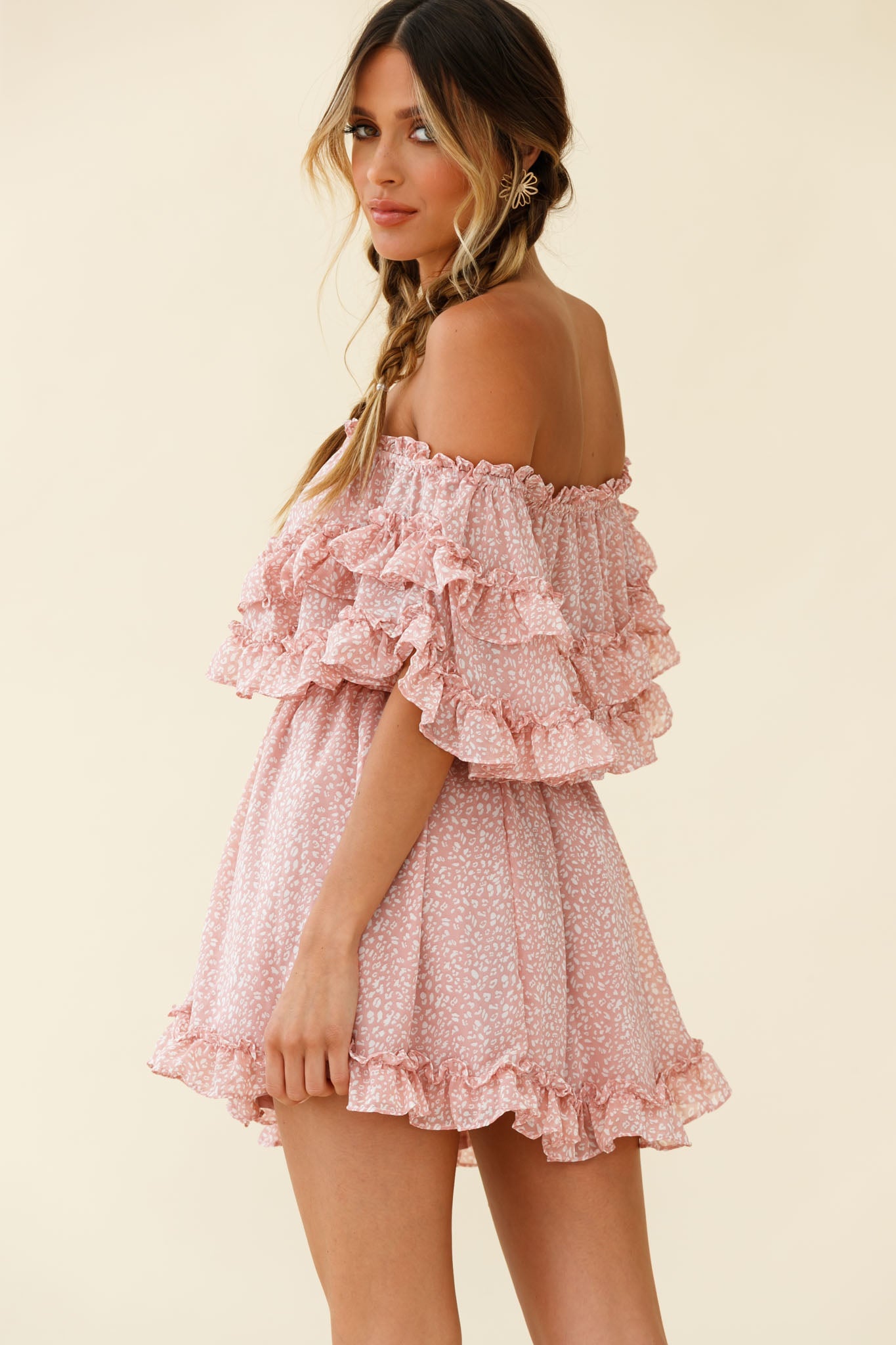 Meet Me At Sunset Bardot Neckline Frill Trim Dress Speckle Print Pink-Maymioy