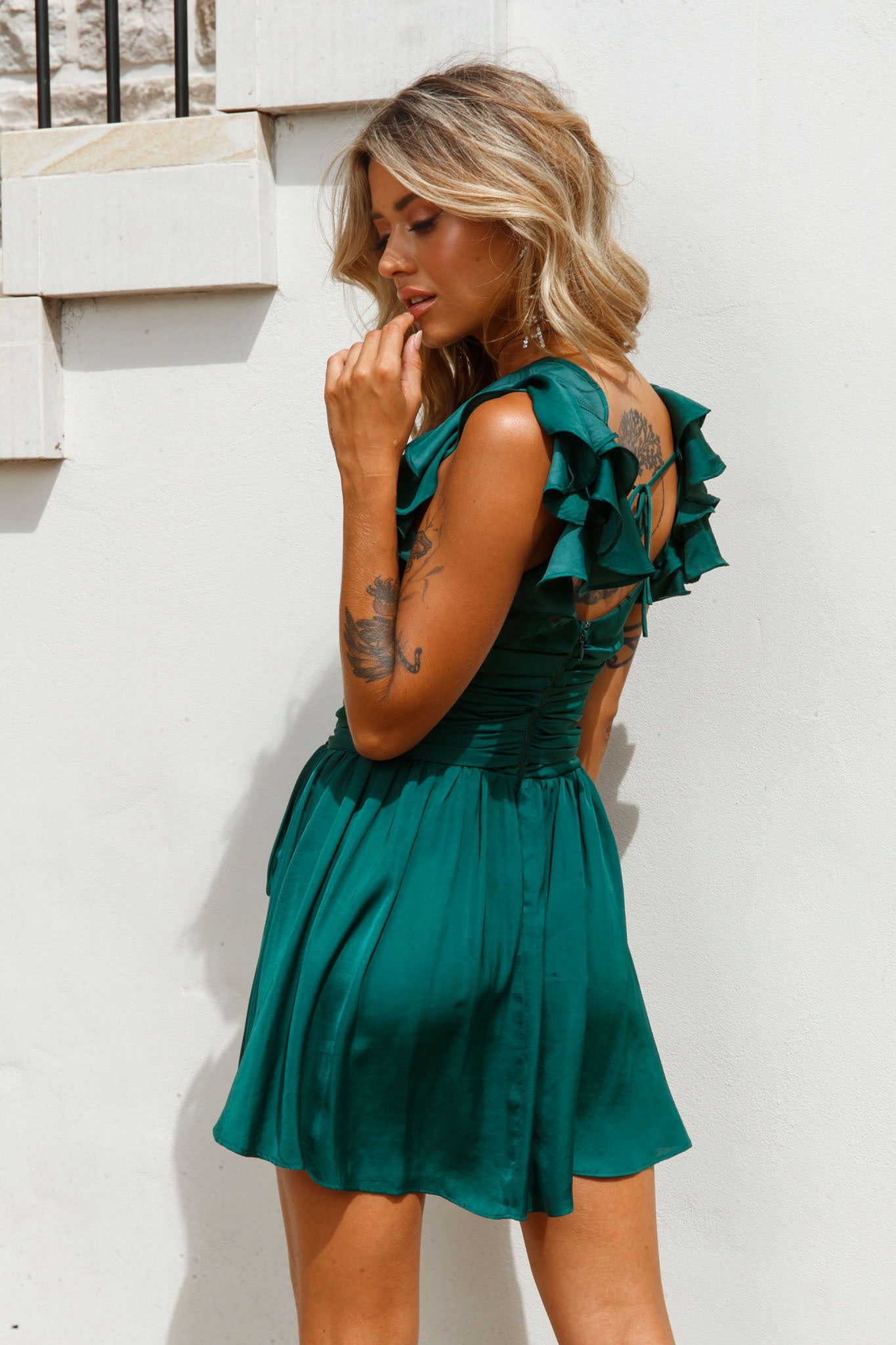Lola Ruffle Shoulder Ruched Dress Forest Green-Maymioy