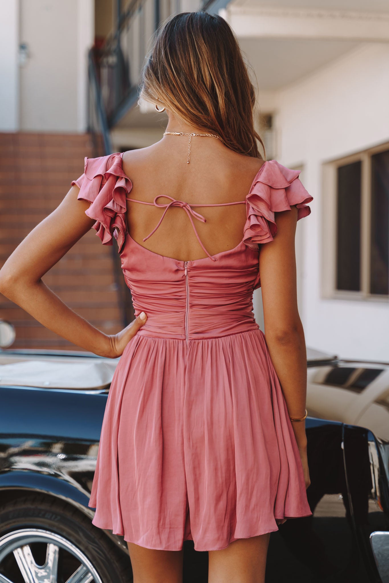 Lola Ruffle Shoulder Ruched Dress Rose-Maymioy