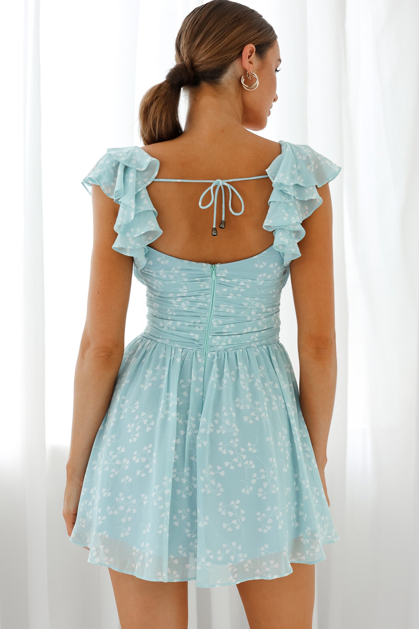 Lola Ruffle Shoulder Ruched Dress Leaf Print Blue-Maymioy