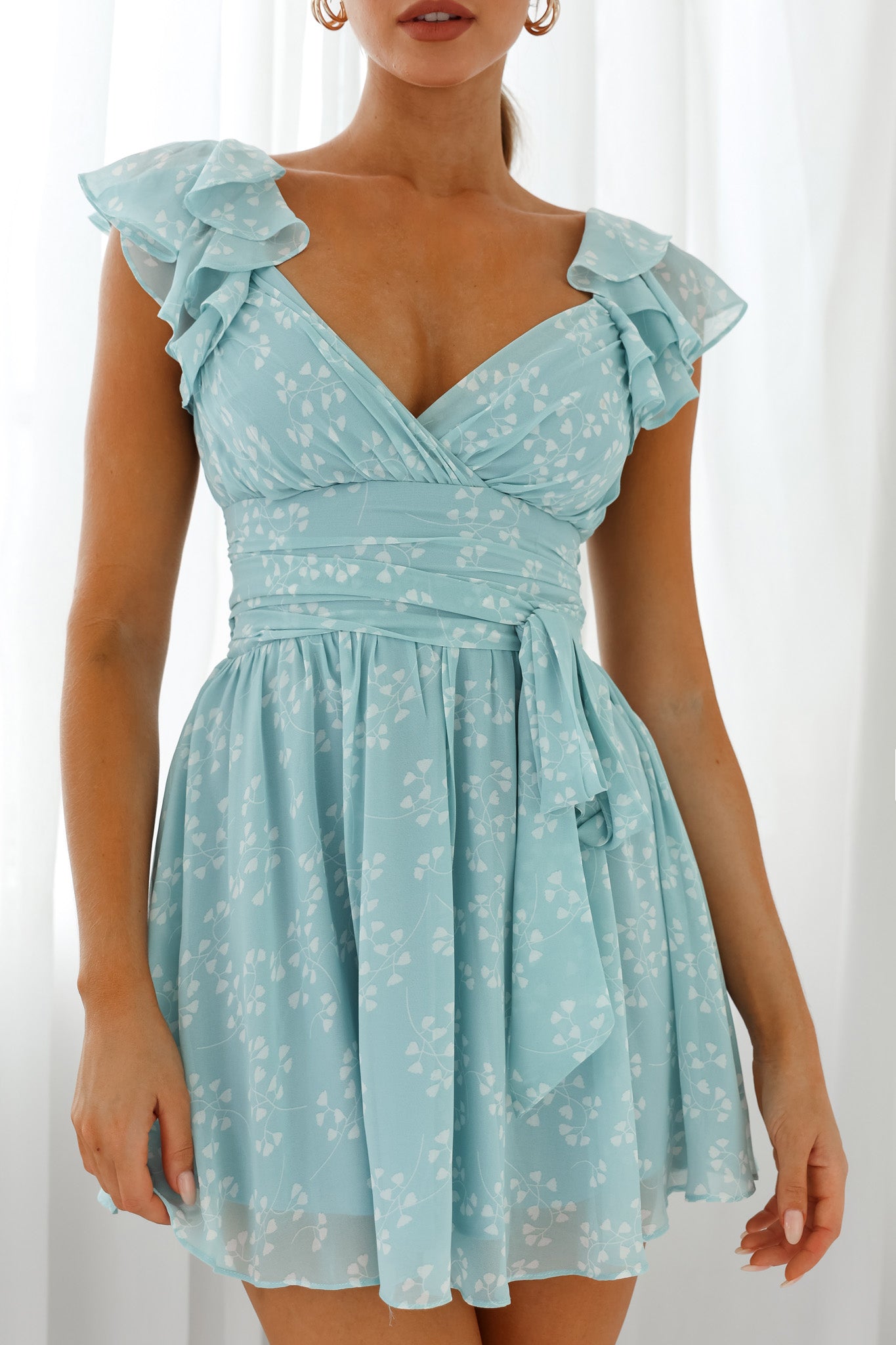 Lola Ruffle Shoulder Ruched Dress Leaf Print Blue-Maymioy