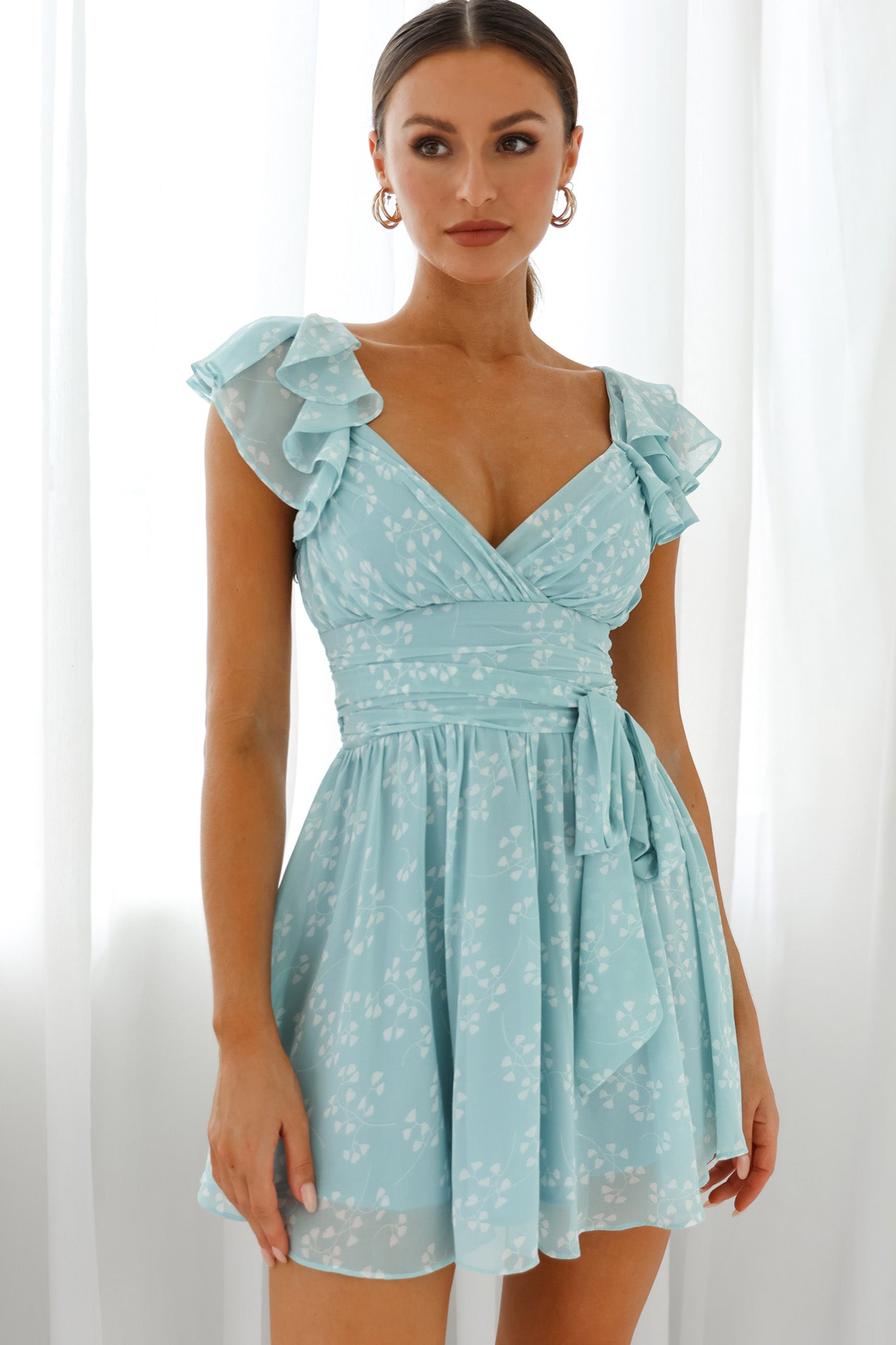Lola Ruffle Shoulder Ruched Dress Leaf Print Blue-Maymioy