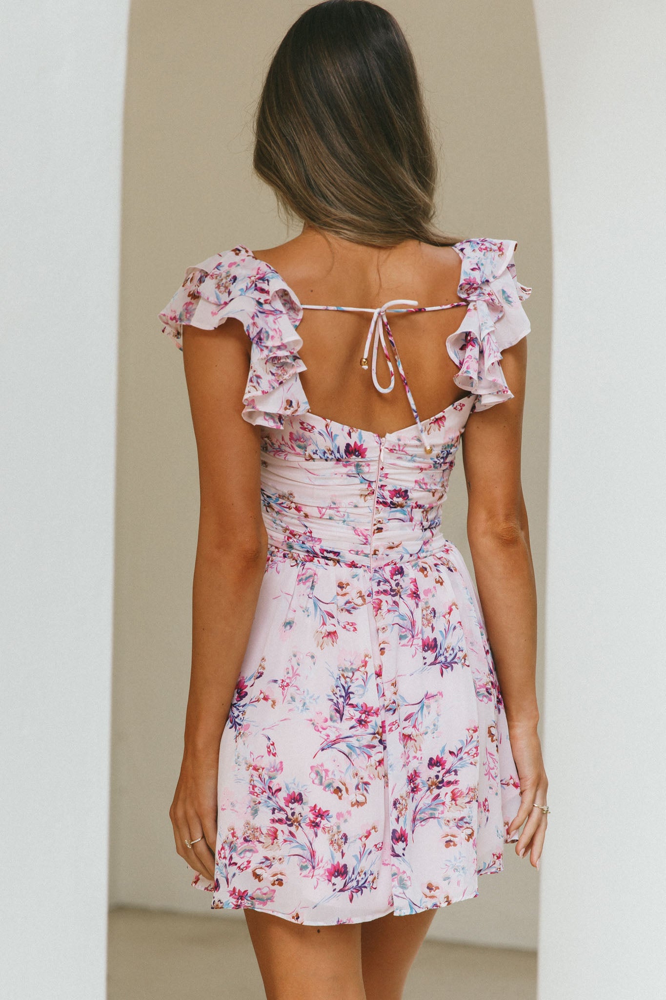 Lola Ruffle Shoulder Ruched Dress Floral Print Pink-Maymioy