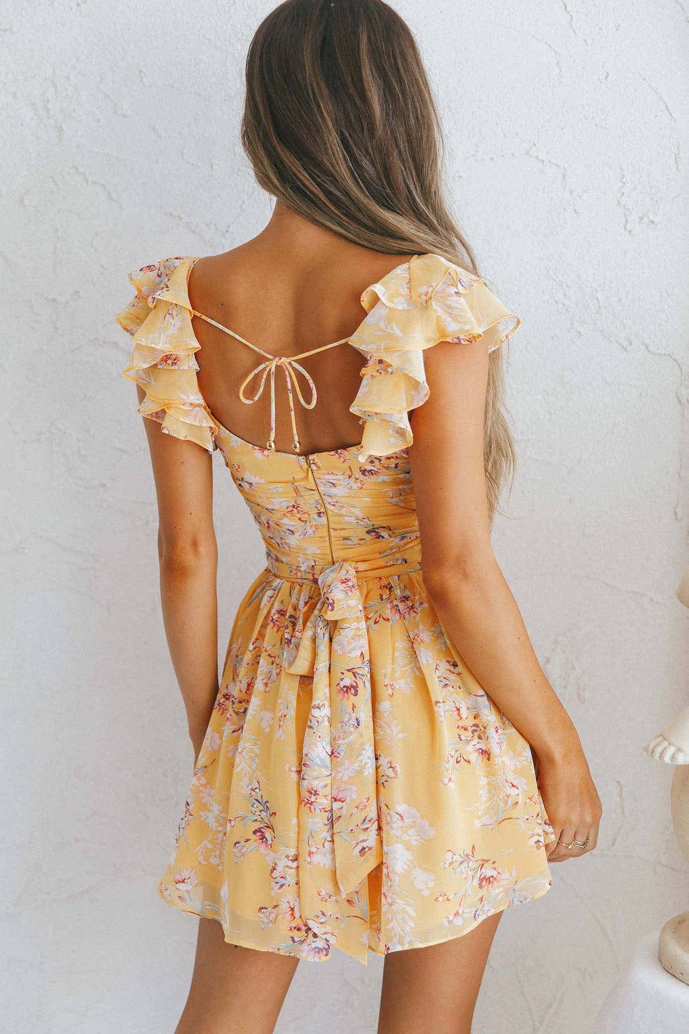 Lola Ruffle Shoulder Ruched Dress Floral Print Yellow-Maymioy
