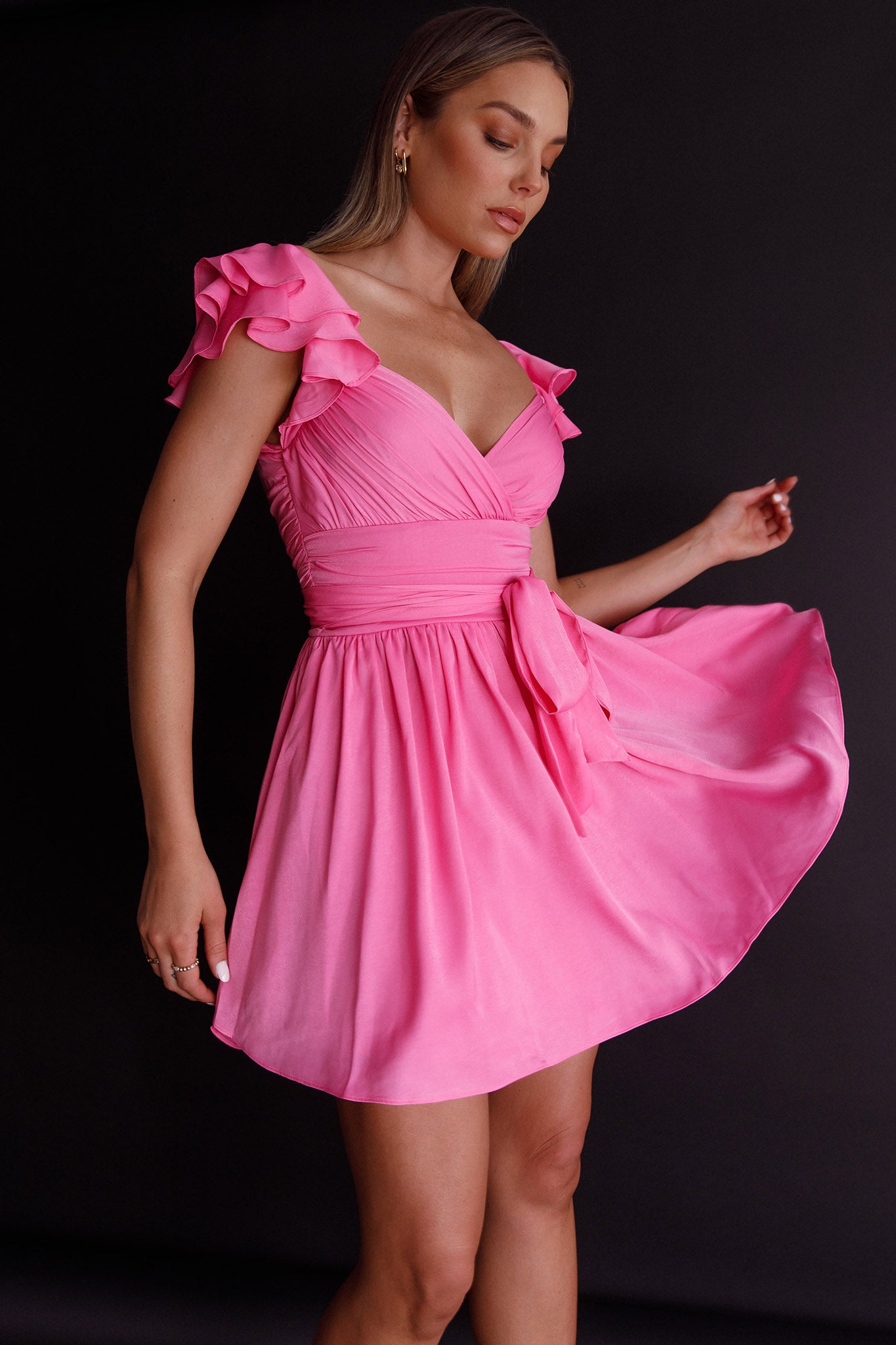 Lola Ruffle Shoulder Ruched Dress Hot Pink-Maymioy