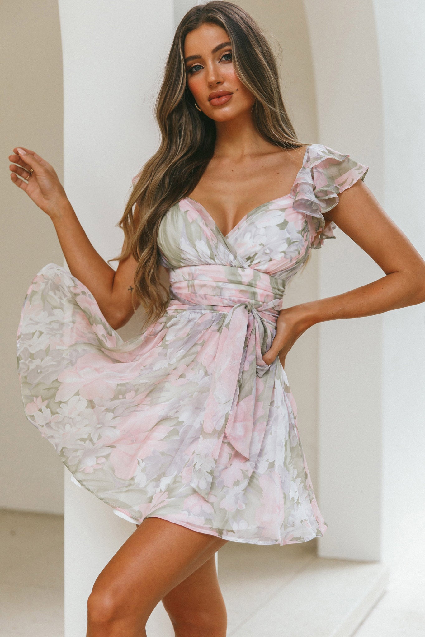 Lola Ruffle Shoulder Ruched Dress Watercolor Floral Pink Multi-Maymioy